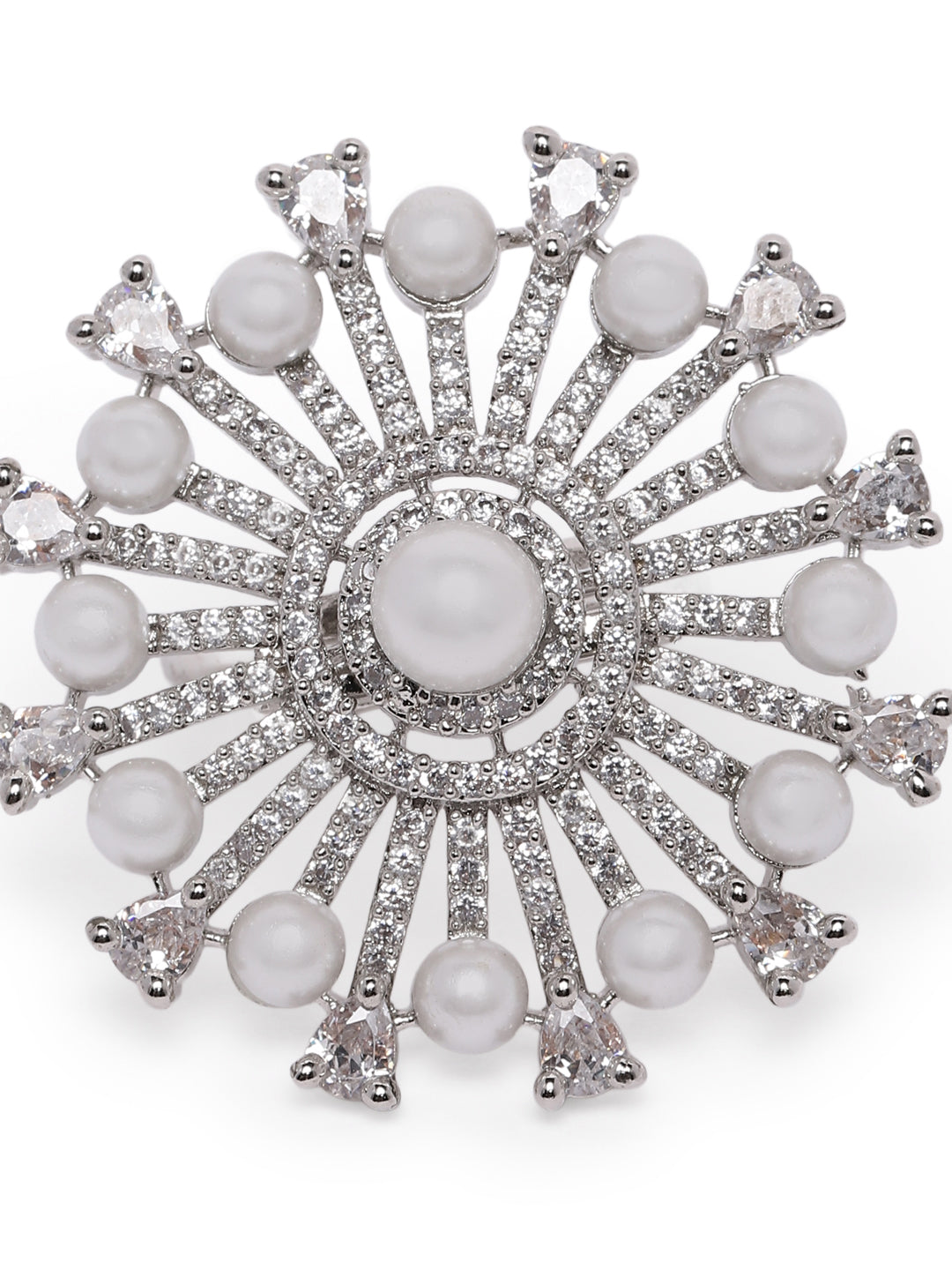 Lavish Giftz Elegant Cubic Zirconia Adjustable Ring with Pearls and Rhodium Plating