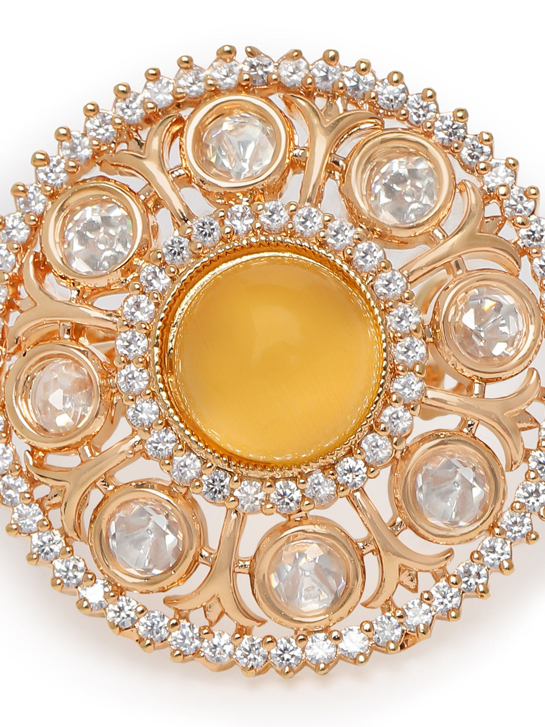 Lavish Giftz Gold-Plated Orange Round Stone & Kundan Studded Adjustable Handcrafted Finger Ring
