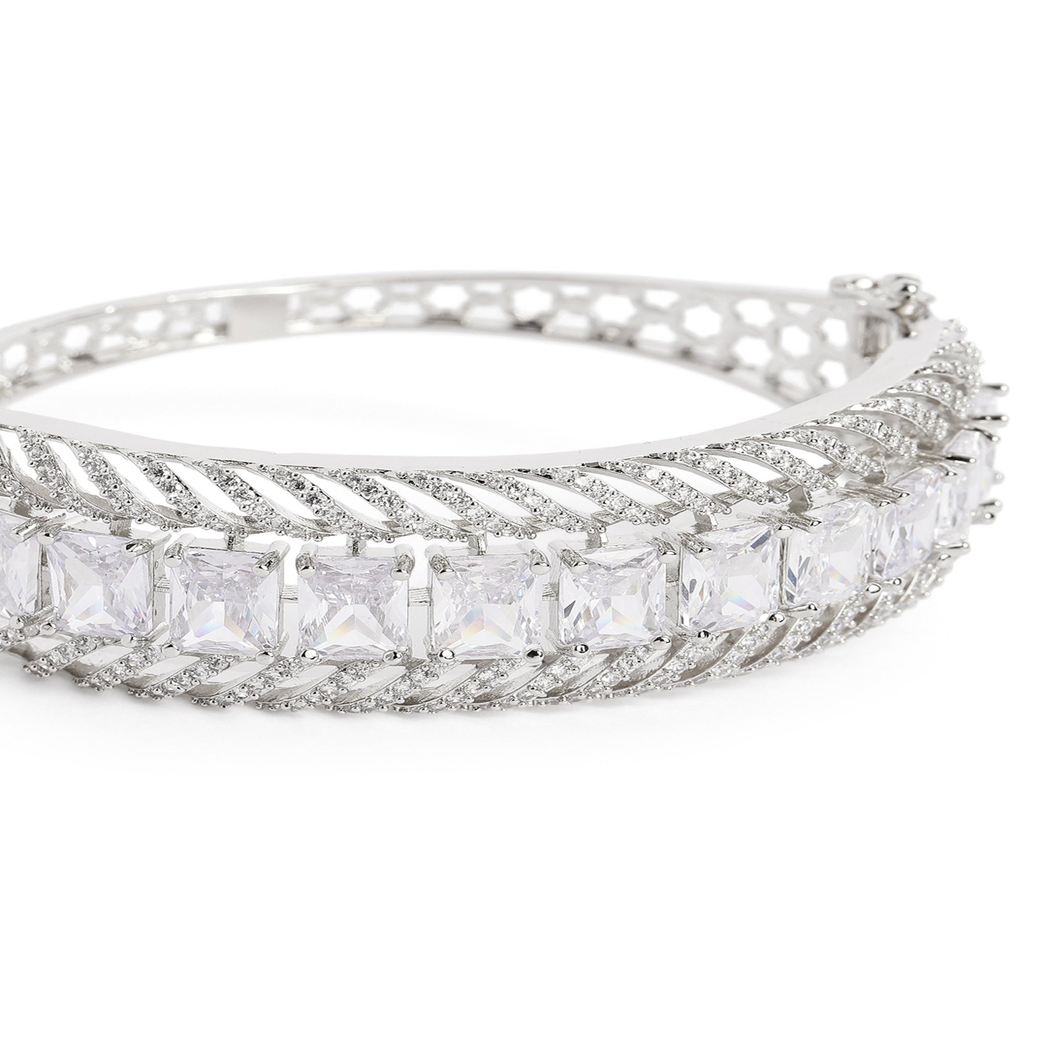 Women Cubic Zirconia Rhodium-Plated Kada Bracelet-White