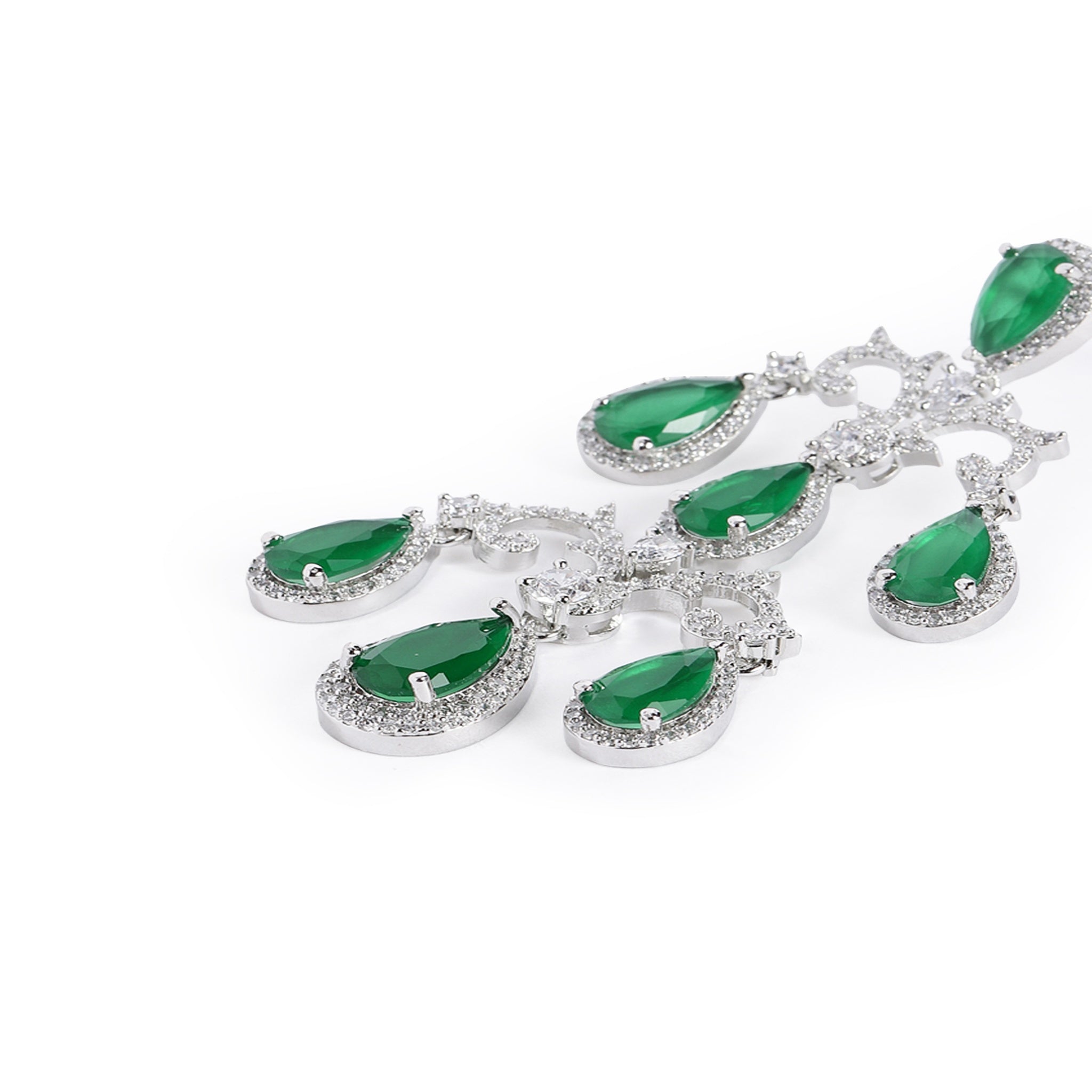 Silver-Toned Emerald Green American Diamonds Long Earrings