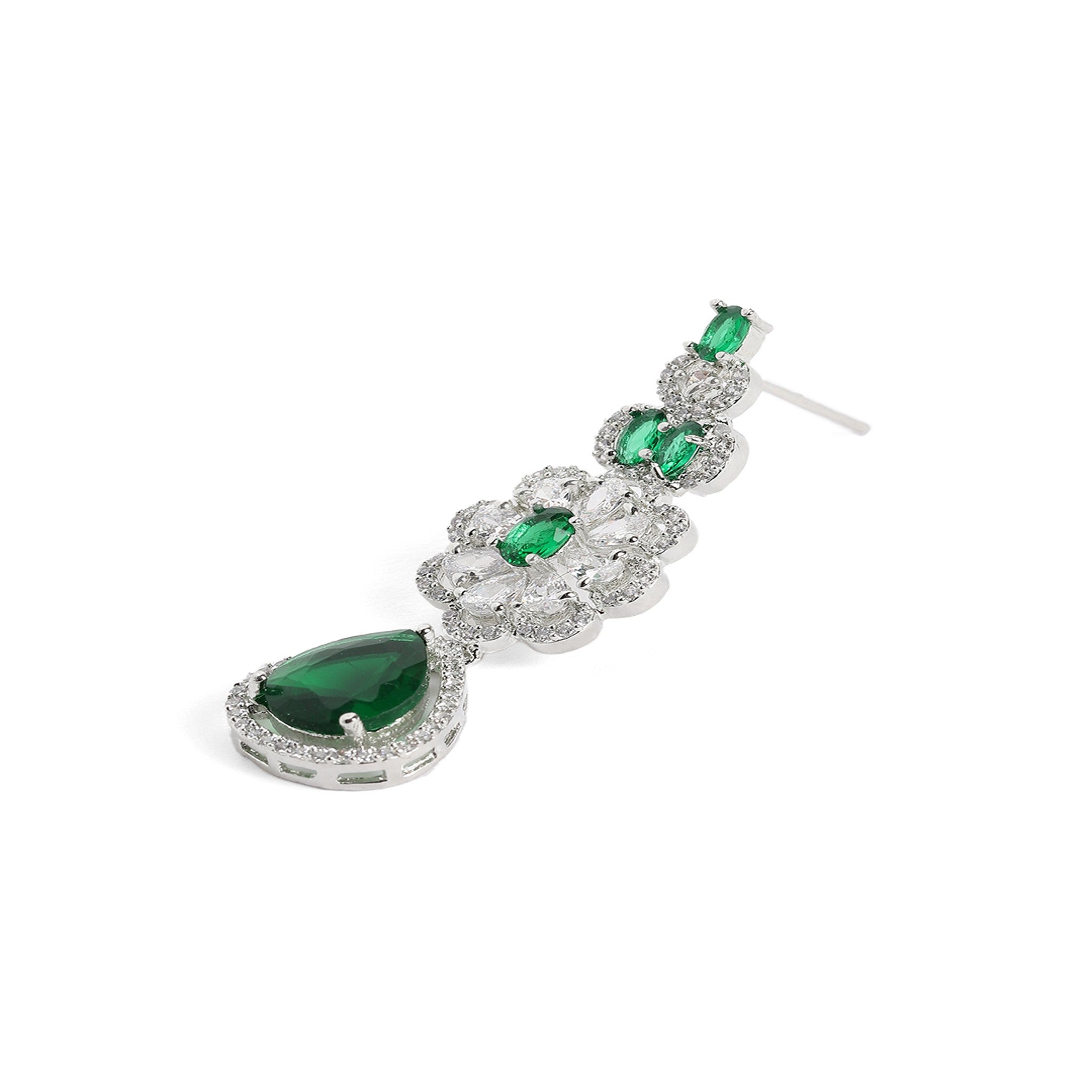 Rhodium-Plated Silver-Toned & Green AD-Studded Jewellery Set