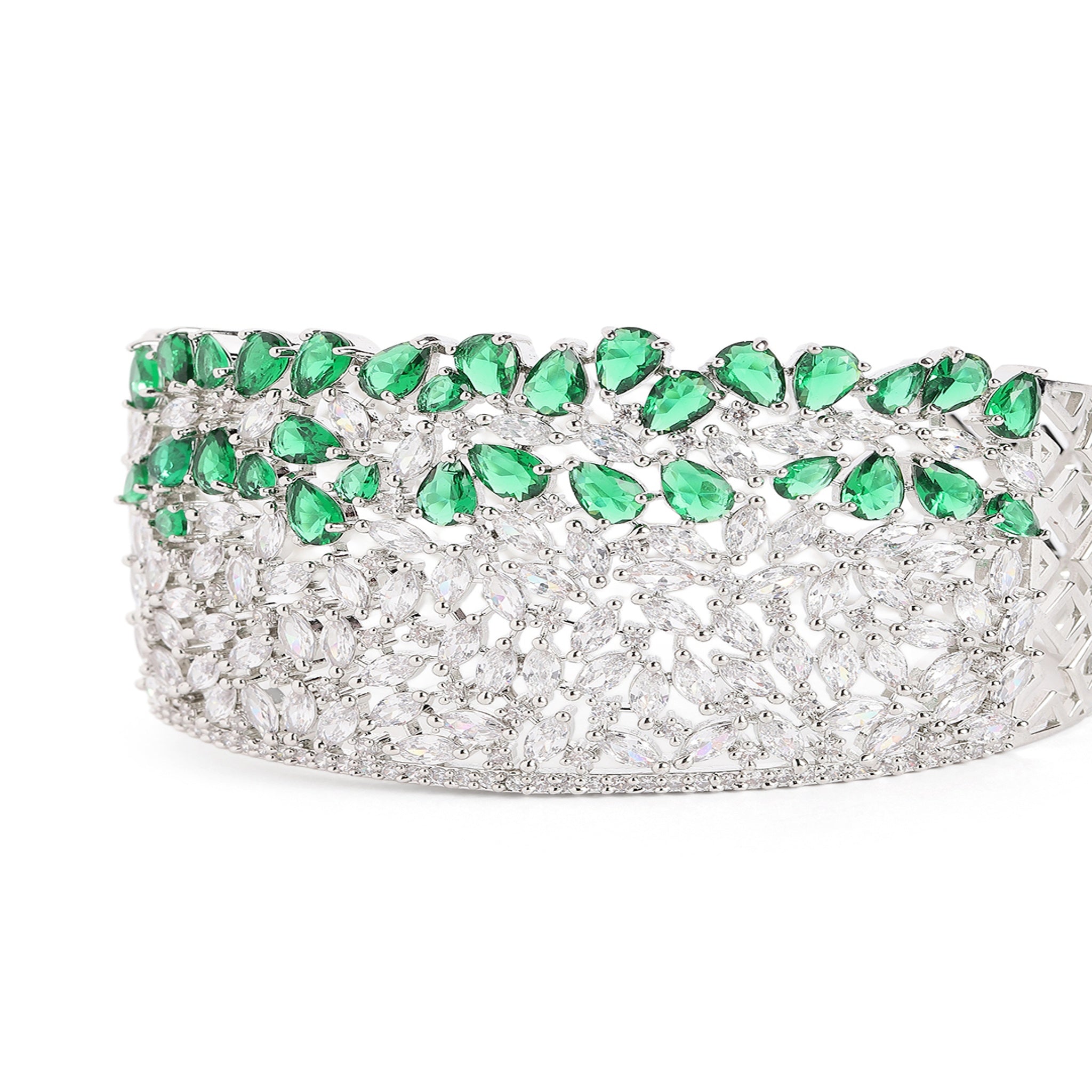Women Cubic Zirconia Rhodium-Plated Kada Bracelet-Green