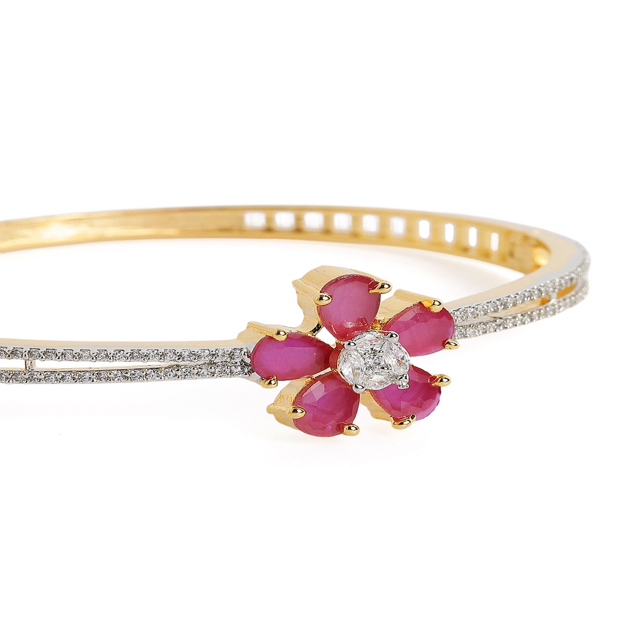 Women Cubic Zirconia Gold-Plated Kada Bracelet-Ruby