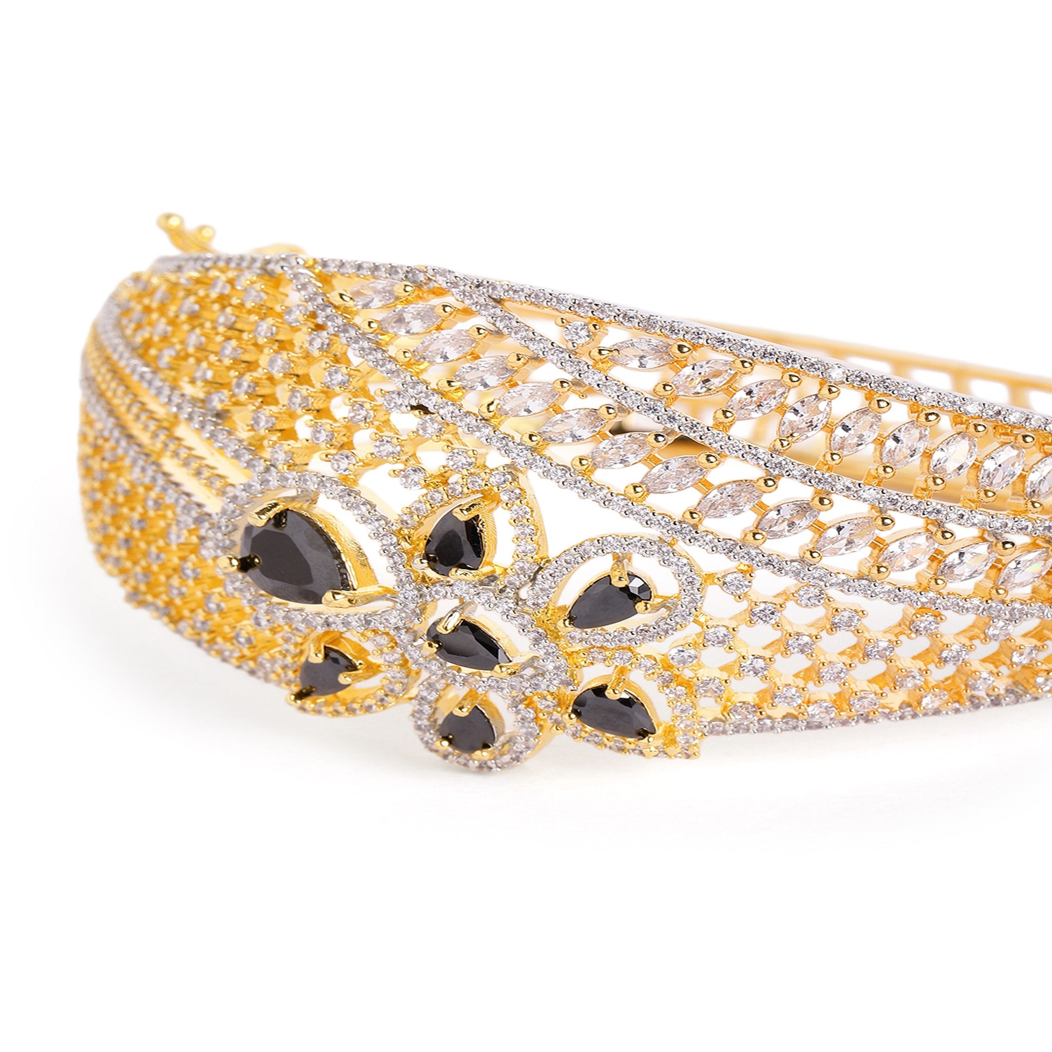Women Cubic Zirconia Handcrafted Gold-Plated Kada Bracelet-Black