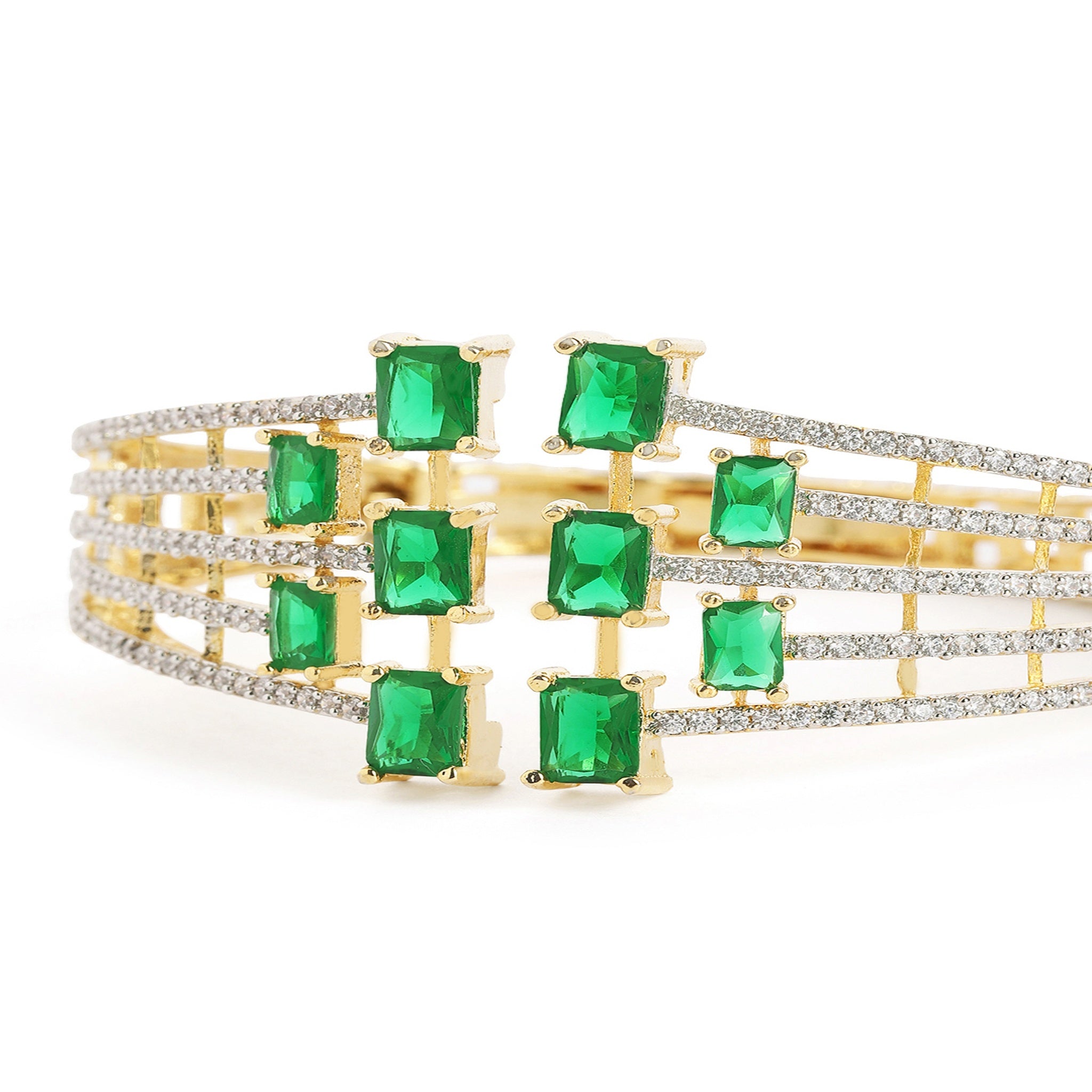 Women Cubic Zirconia Gold-Plated Kada Bracelet-Green