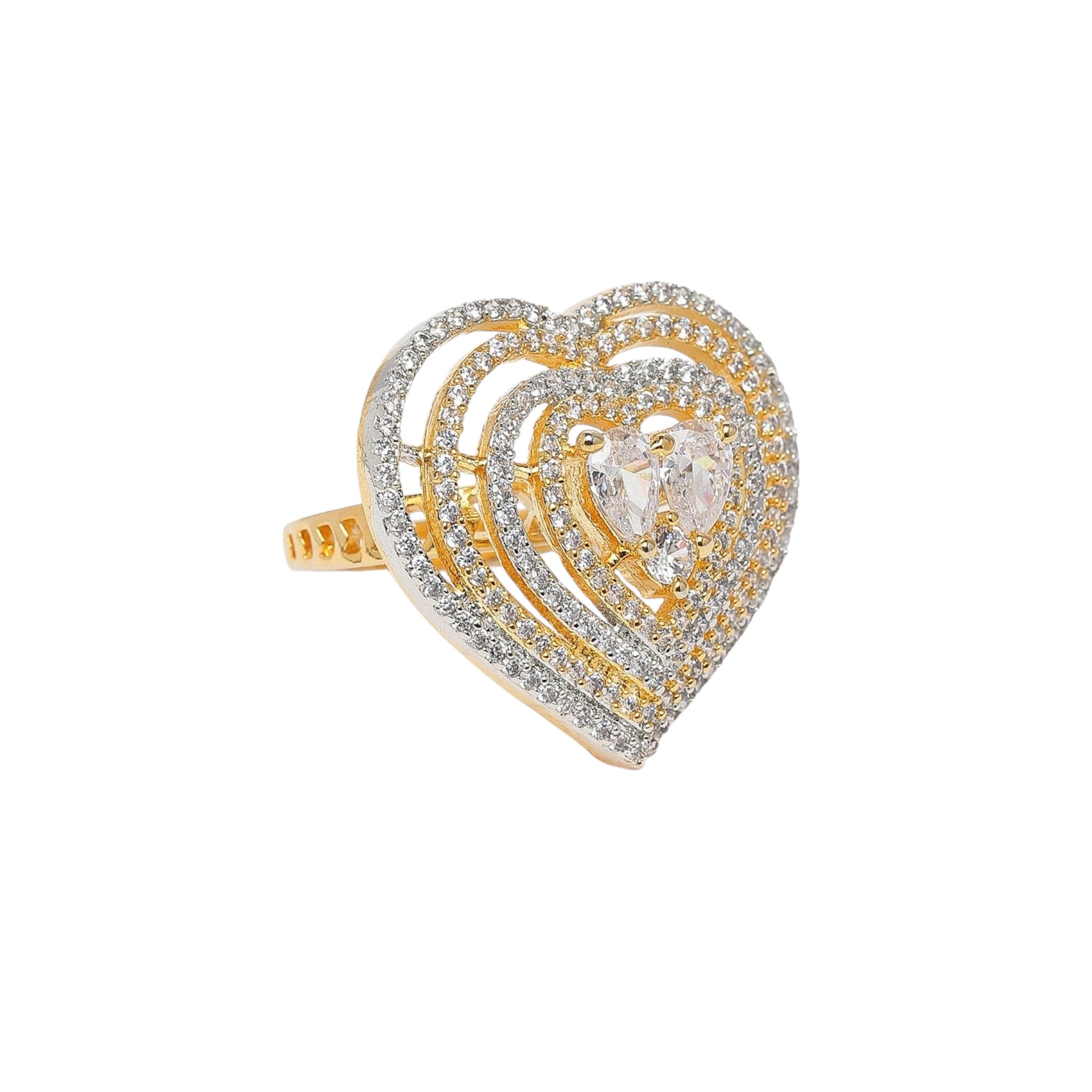 Lavish Giftz Heart-Shaped American Diamond Adjustable Ring with Two-Tone Rhodium Plating