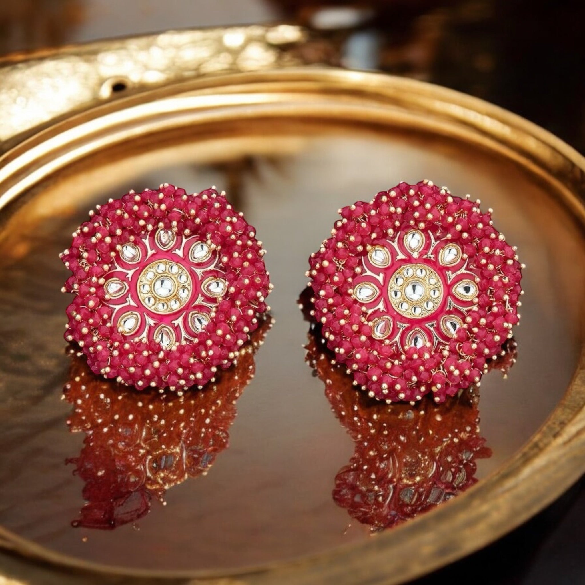 Lavish Giftz Gold Plated Indo Western Enamelled Meenakari Stud Earrings - Ruby Pink