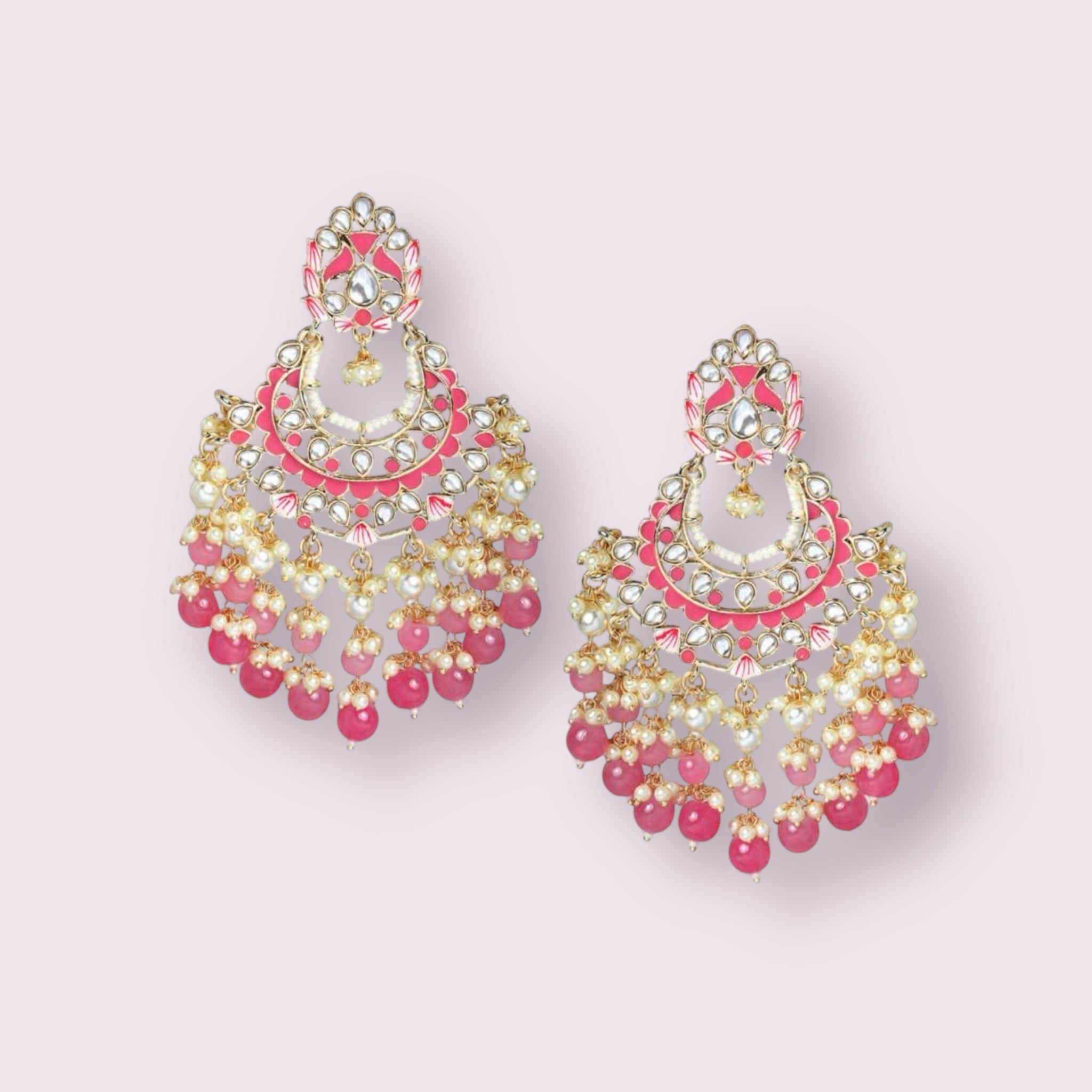 Lavish Giftz Gold-Plated Pink & Pearl Beaded Kundan Handcrafted Chandbalis