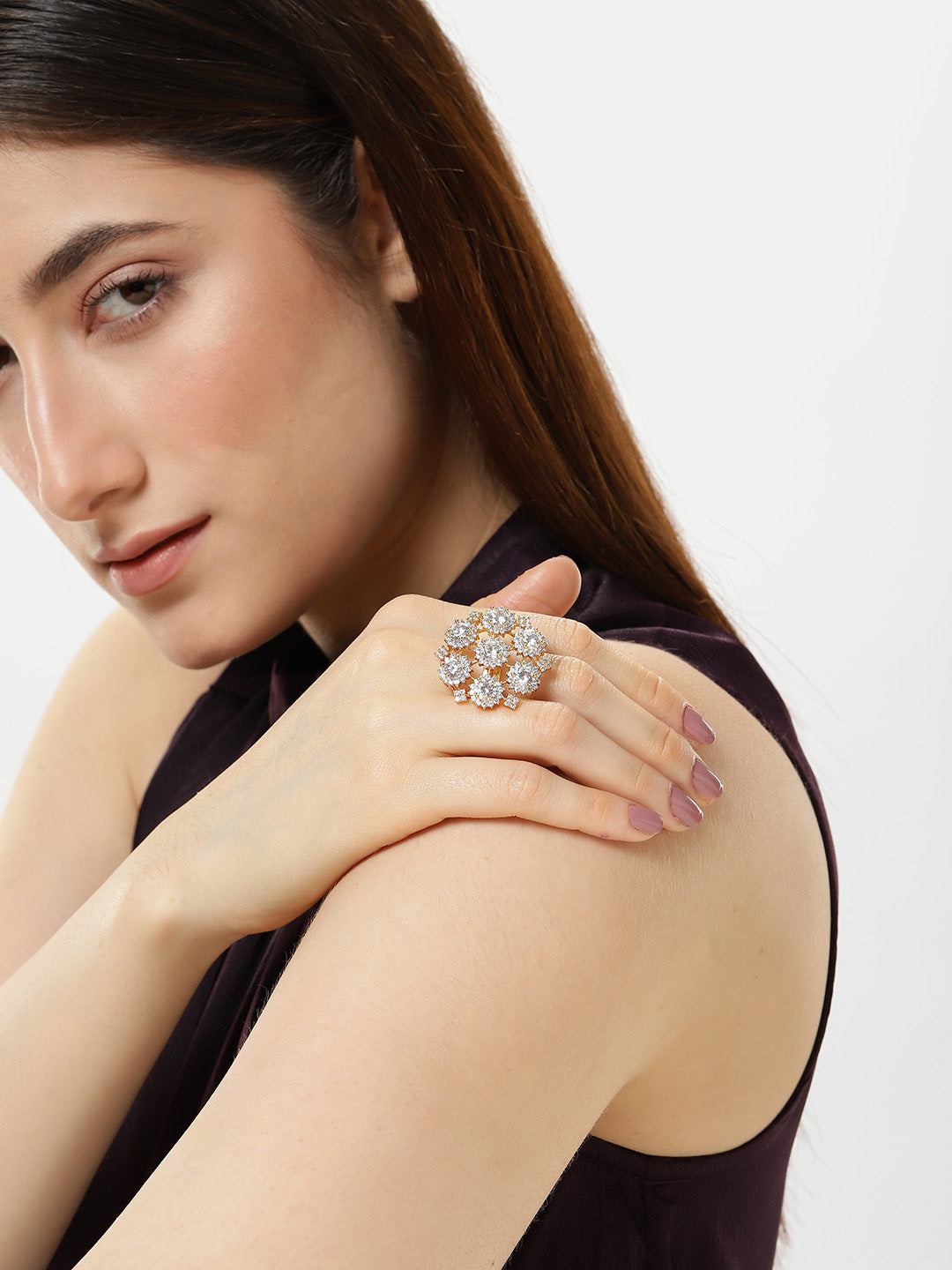 Lavish Giftz Gold Plated Selena Adjustable Cubic Zirconia Classic Statement Ring