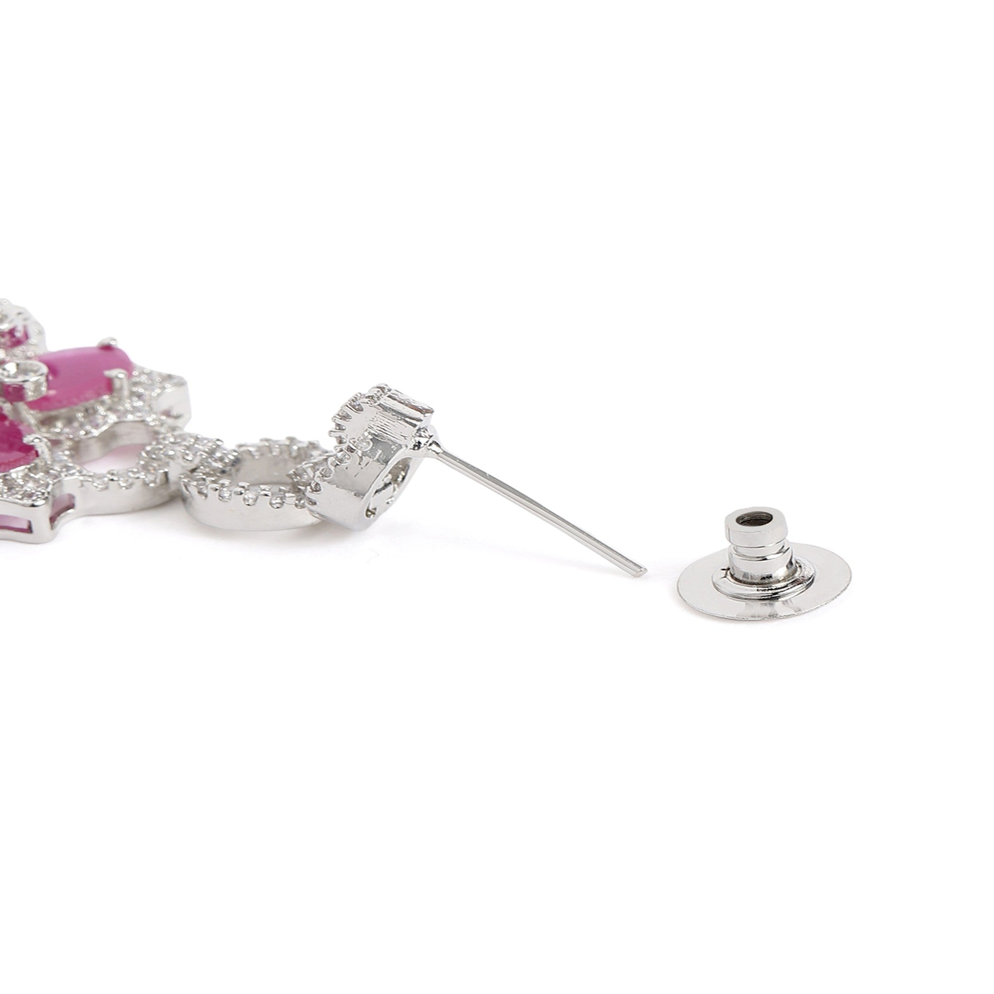 Rhodium-Plated Silver-Toned & White & Ruby AD-Studded Jewellery Set