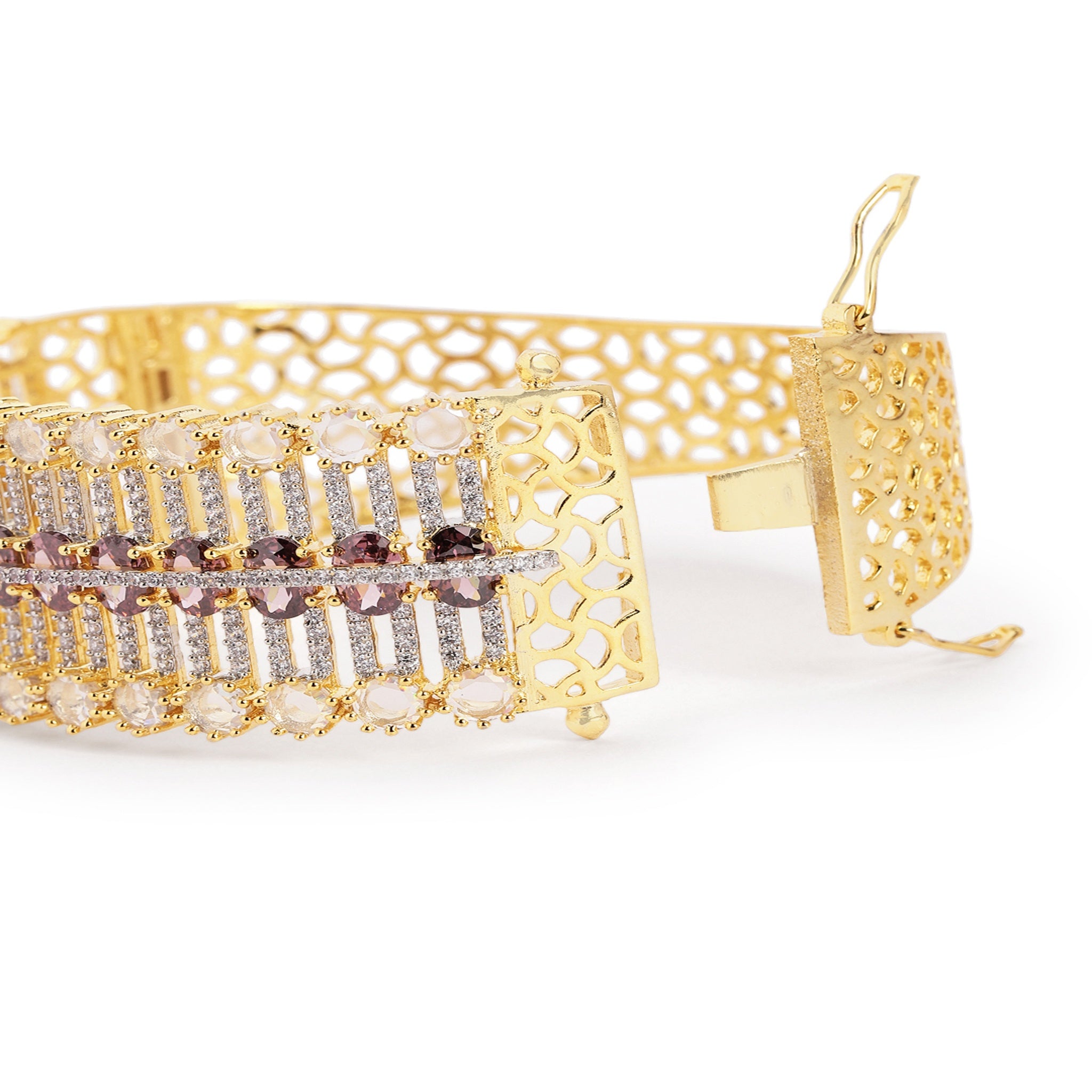 Women Cubic Zirconia Gold-Plated Kada Bracelet-Purple