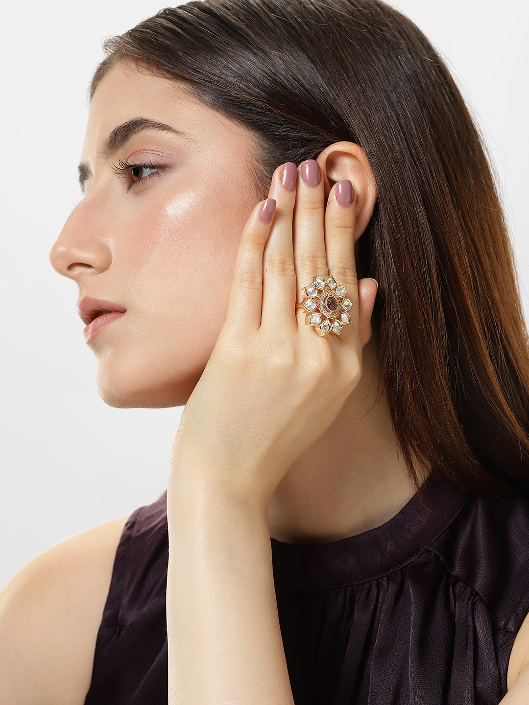 Lavish Giftz Gold-Plated Classic Mira Kundan Adjustable Kundan & Purple Stone Studded Handcrafted Finger Ring