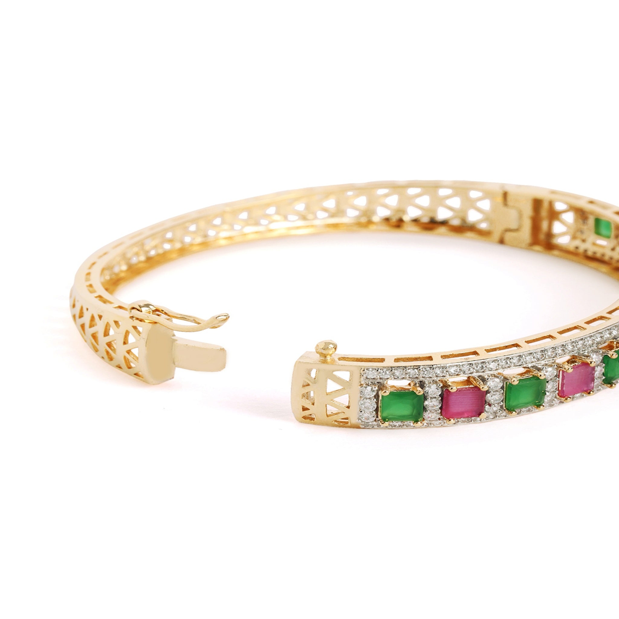 Women Cubic Zirconia Gold-Plated Kada Bracelet-Rubygreen