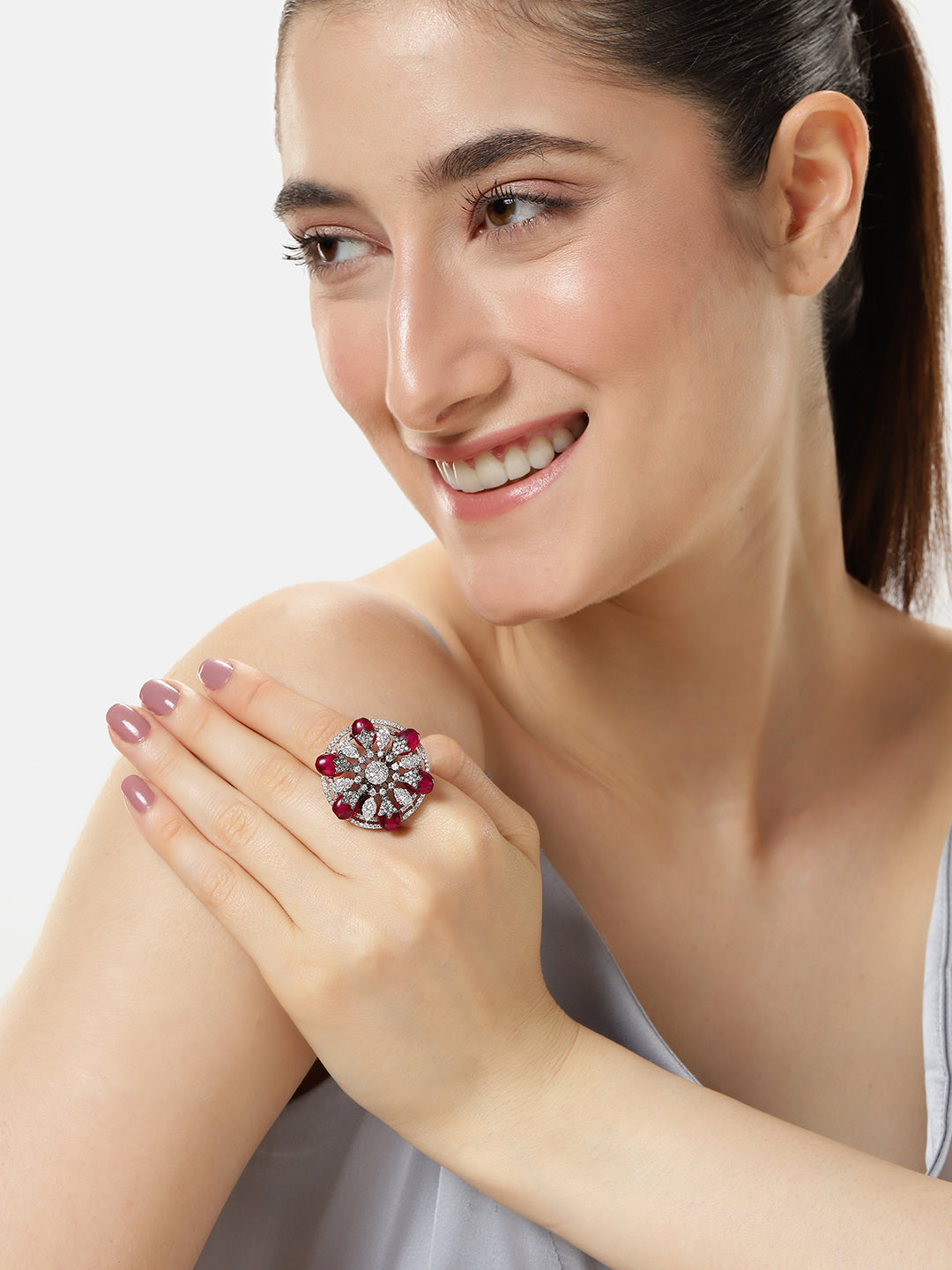 Lavish Giftz Adjustable Cubic Zirconia Rani Statement Ring With Black Plating
