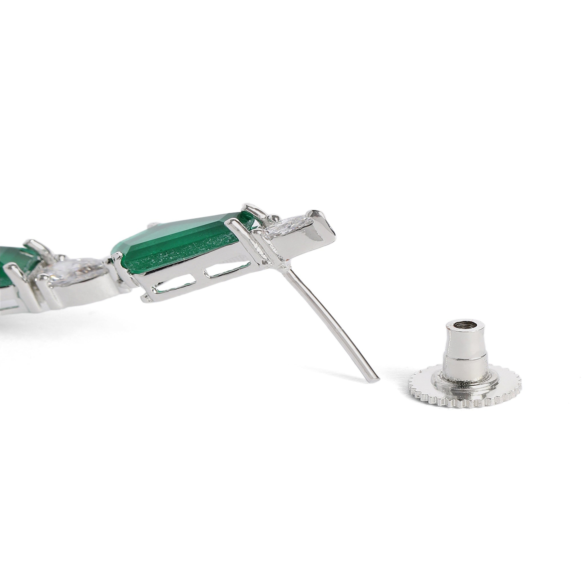 Rhodium-Plated Silver-Toned & Emerald Green AD-Studded Jewellery Set