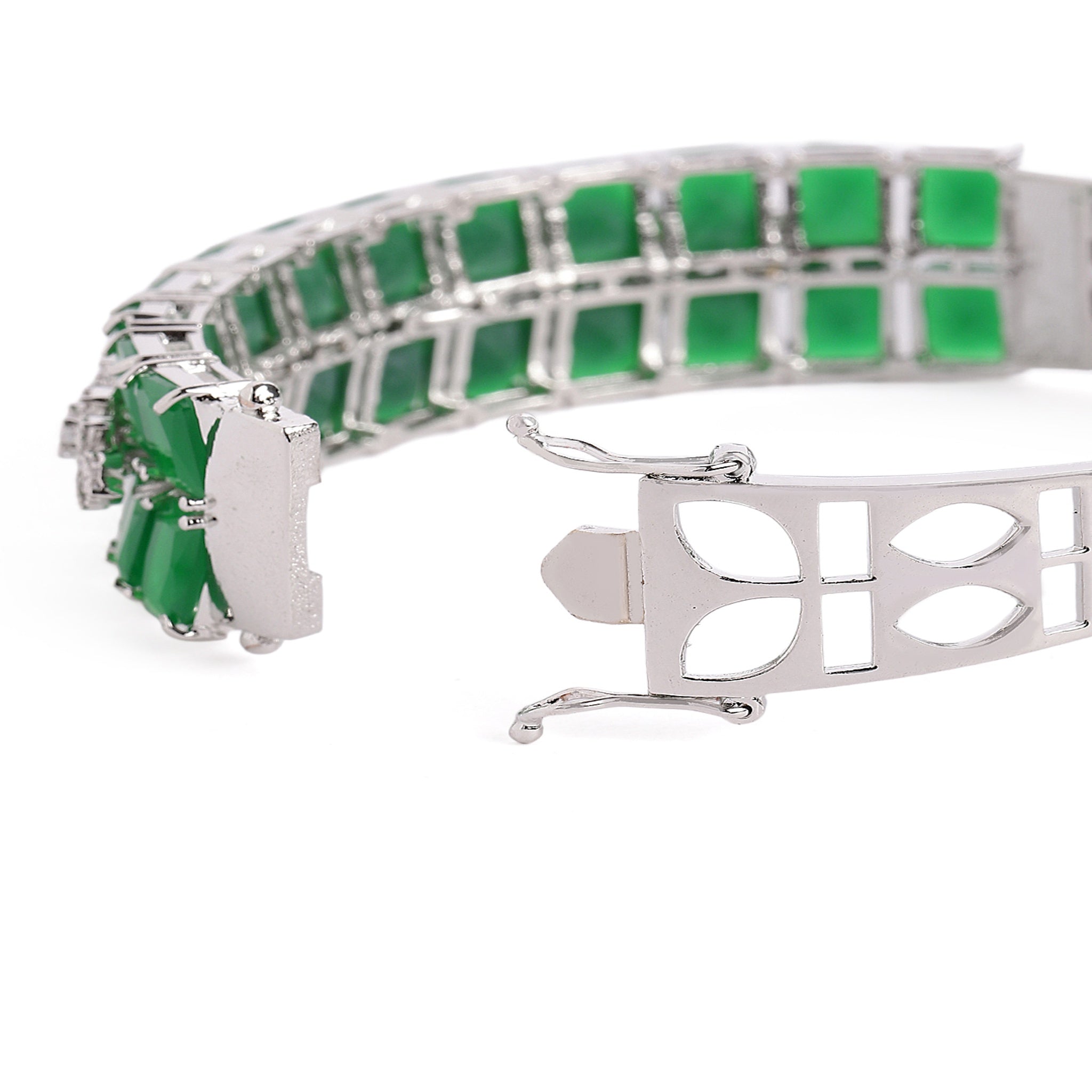 Women Cubic Zirconia Rhodium-Plated Kada Bracelet-Green