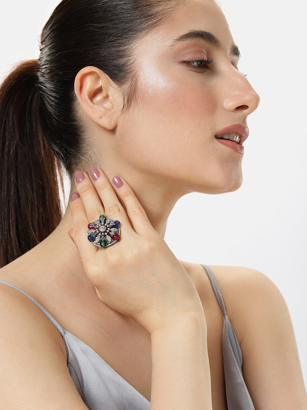 Lavish Giftz Adjustable Cubic Zirconia Rani Green Blue Statement Ring With Black Plating