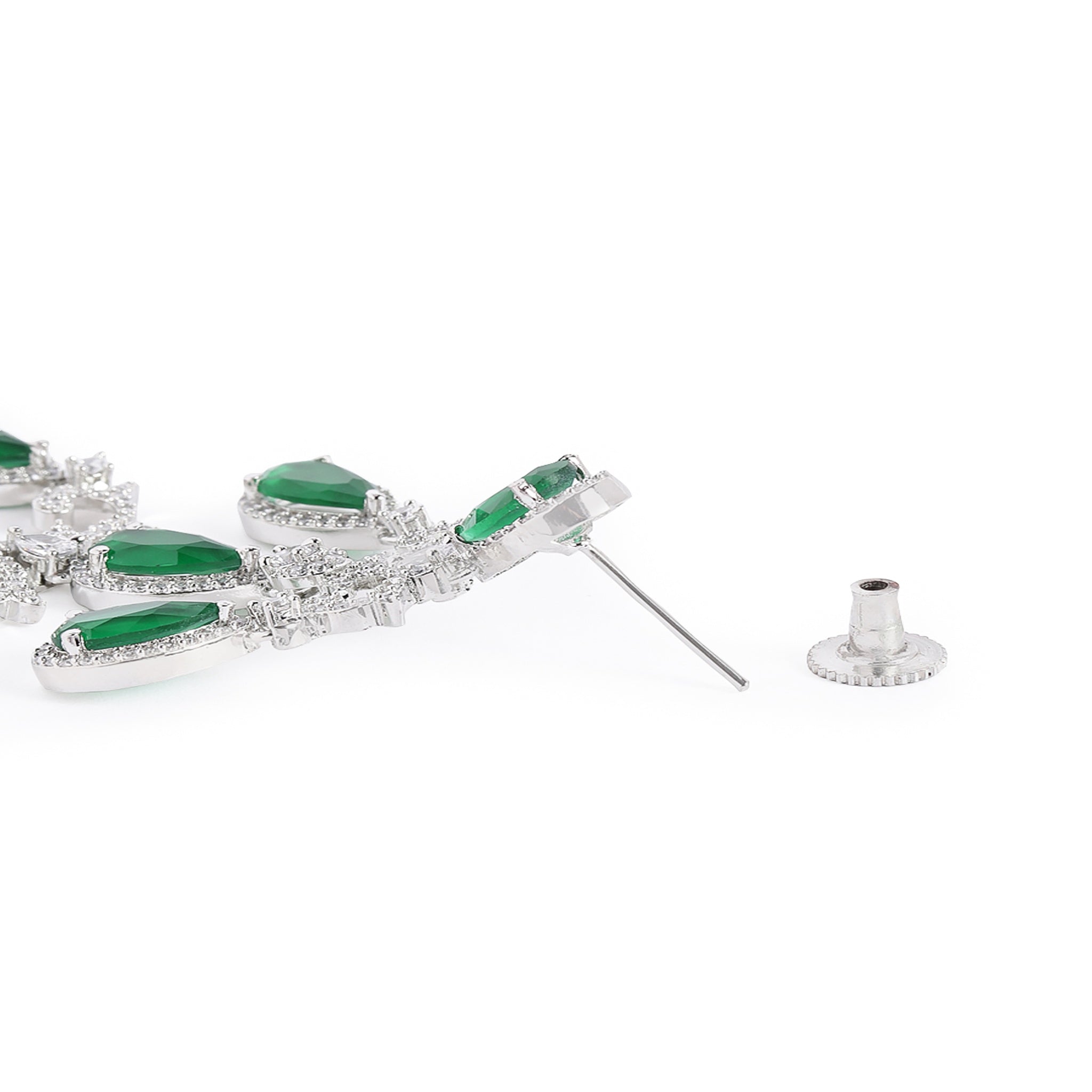 Silver-Toned Emerald Green American Diamonds Long Earrings