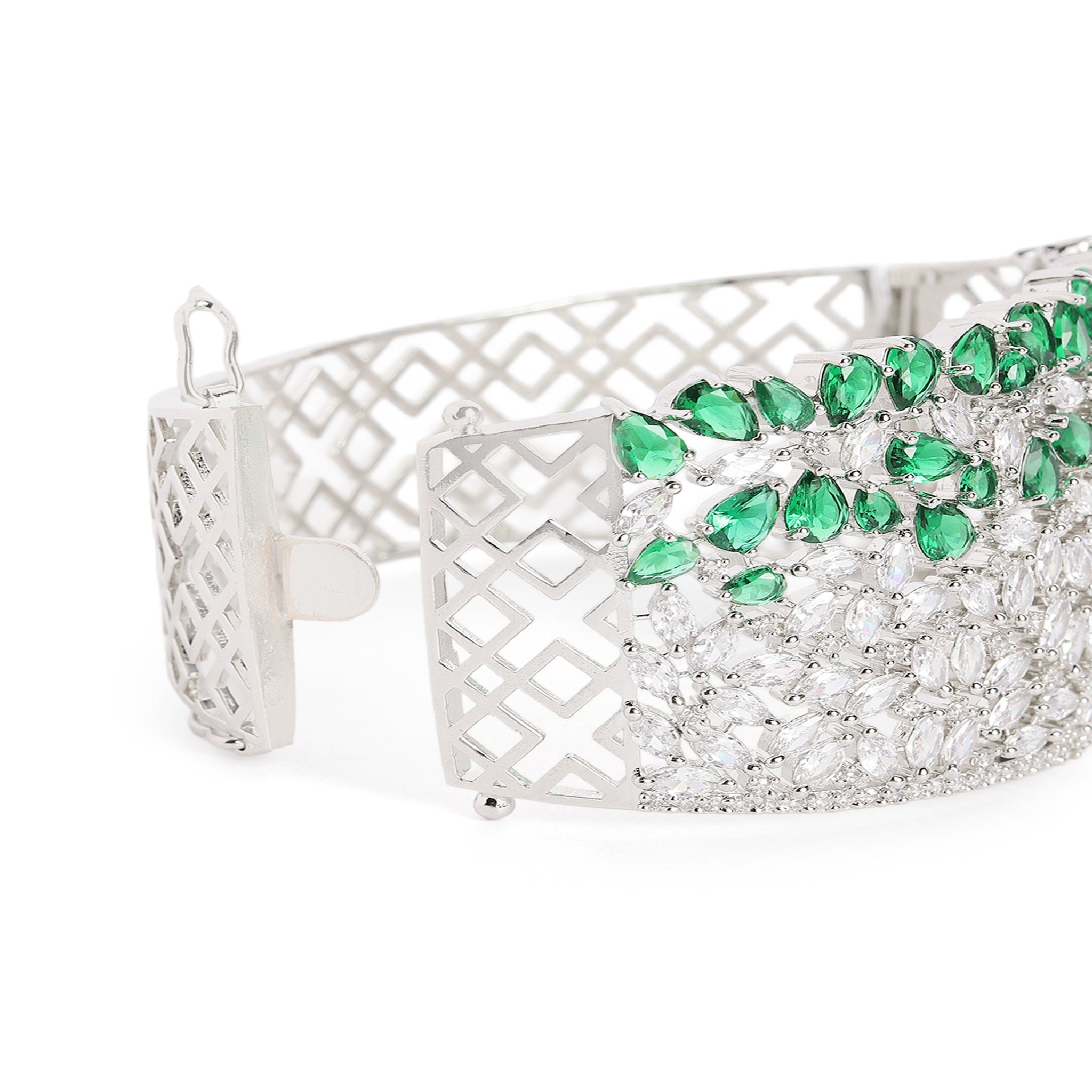 Women Cubic Zirconia Rhodium-Plated Kada Bracelet-Green