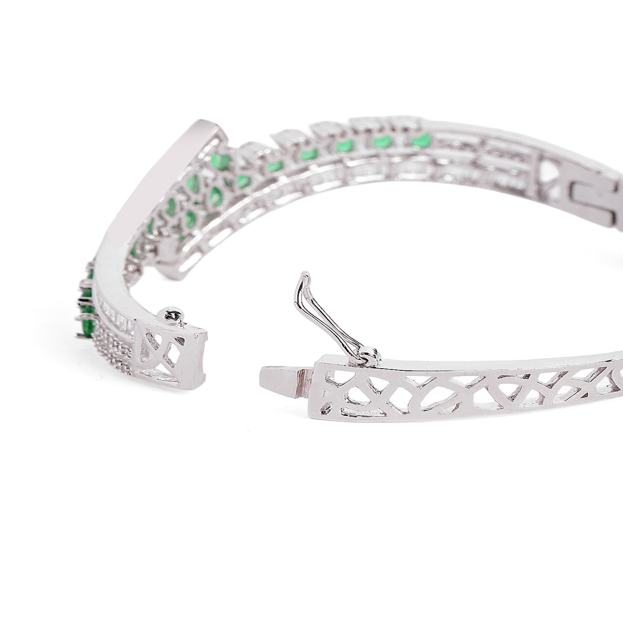 Women Cubic Zirconia Rhodium-Plated Kada Bracelet-Green