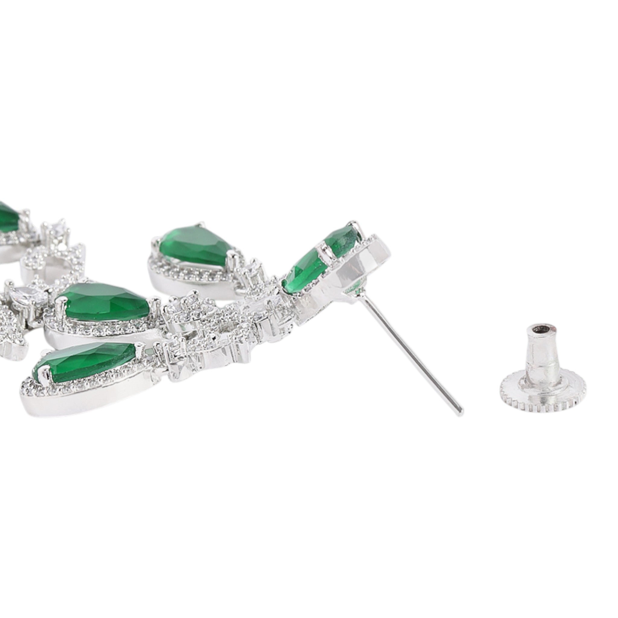 Silver-Toned Emerald Green American Diamonds Long Earrings