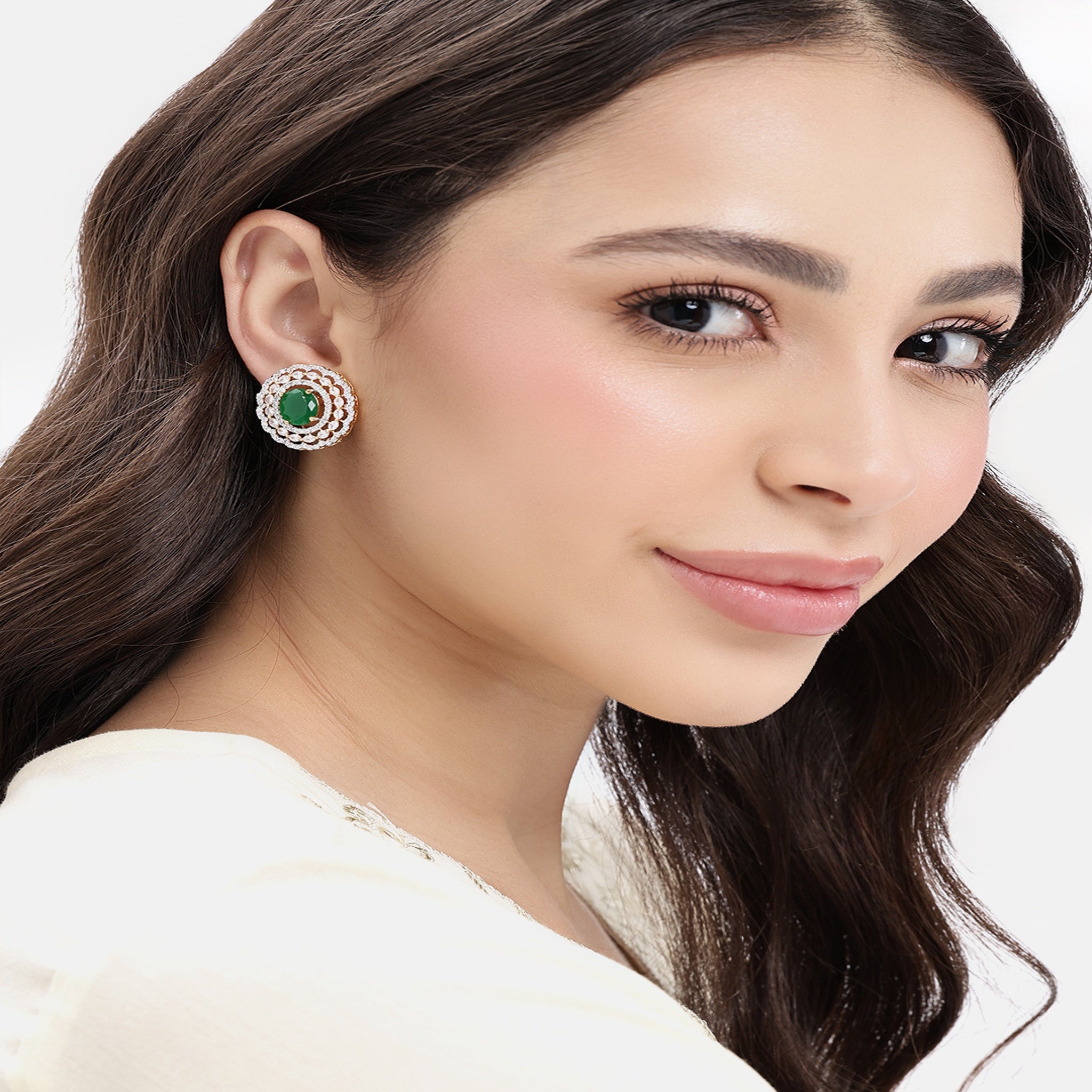 Gold Plated Green American Diamond Stud Earrings