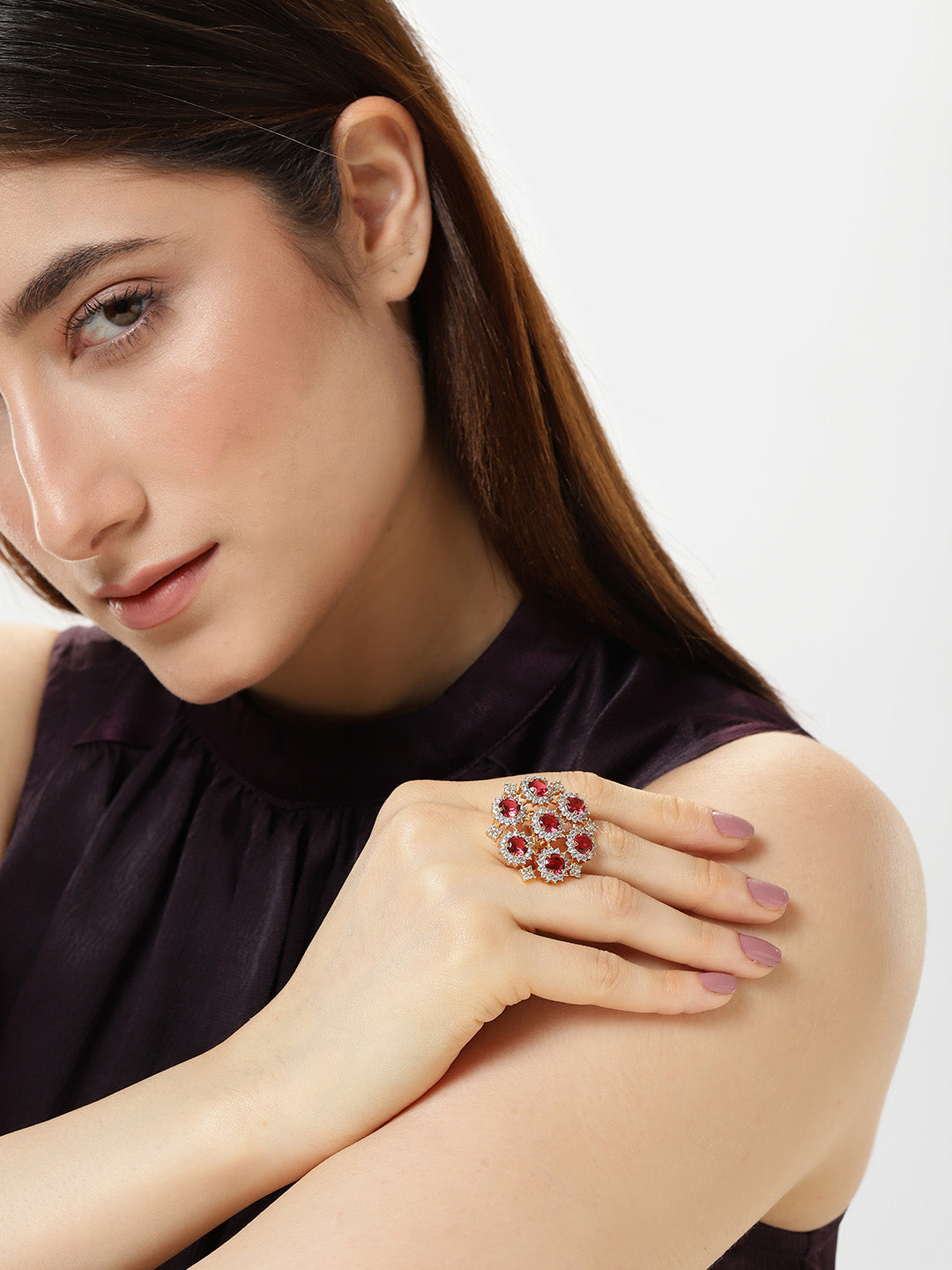 Lavish Giftz Gold Plated Adjustable Ruby Cubic Zirconia Classic Statement Ring