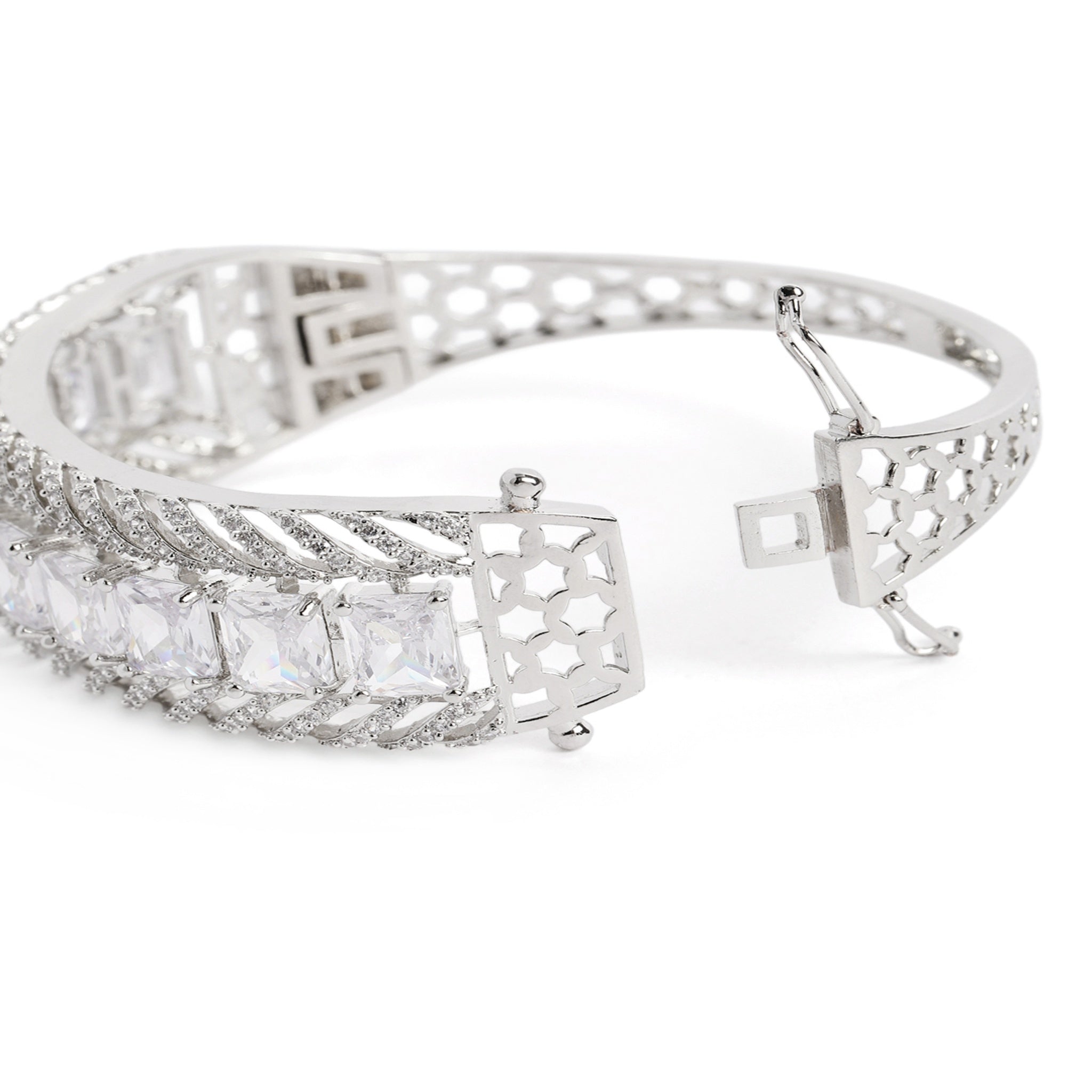 Women Cubic Zirconia Rhodium-Plated Kada Bracelet-White