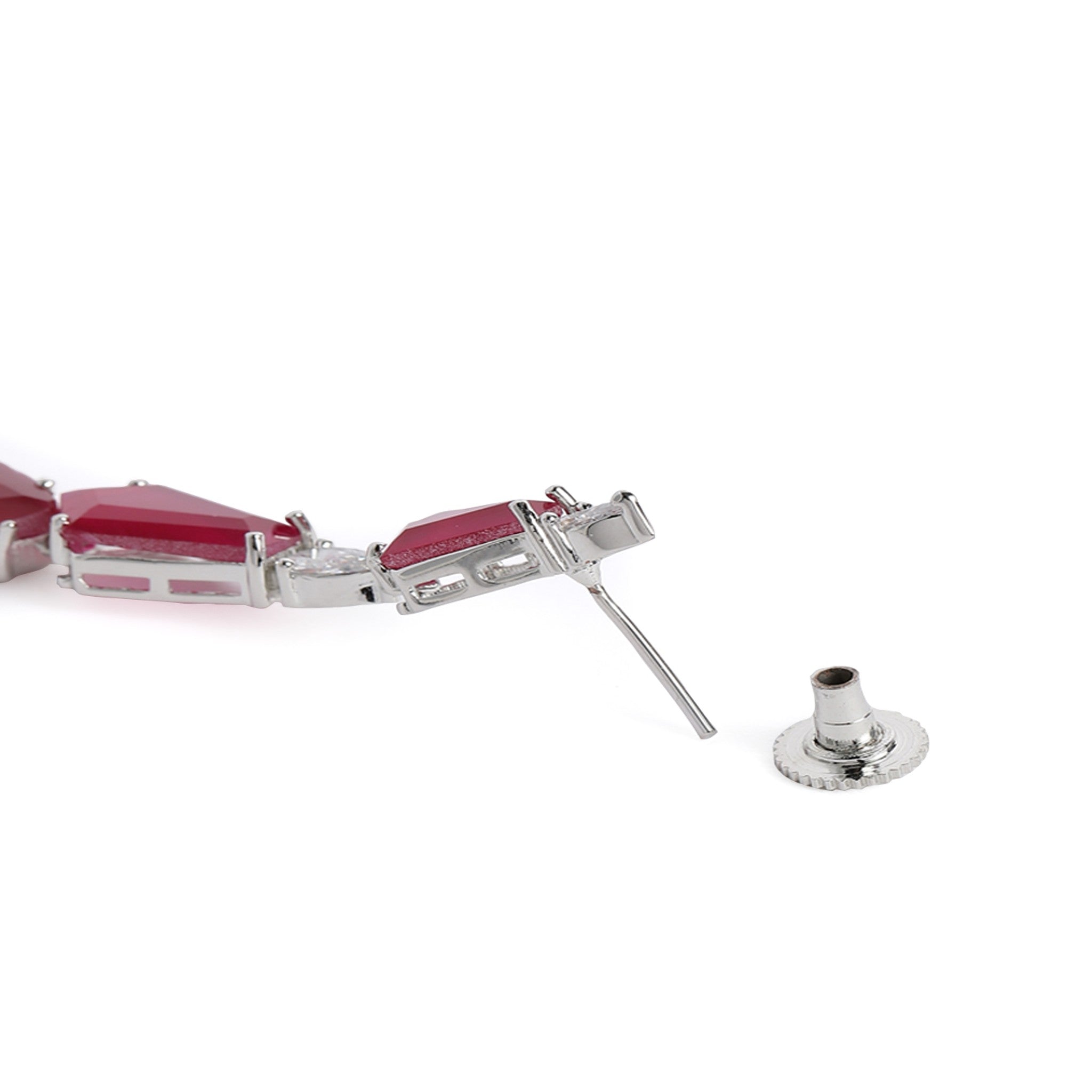 Rhodium-Plated Silver-Toned & Ruby Pink AD-Studded Jewellery Set