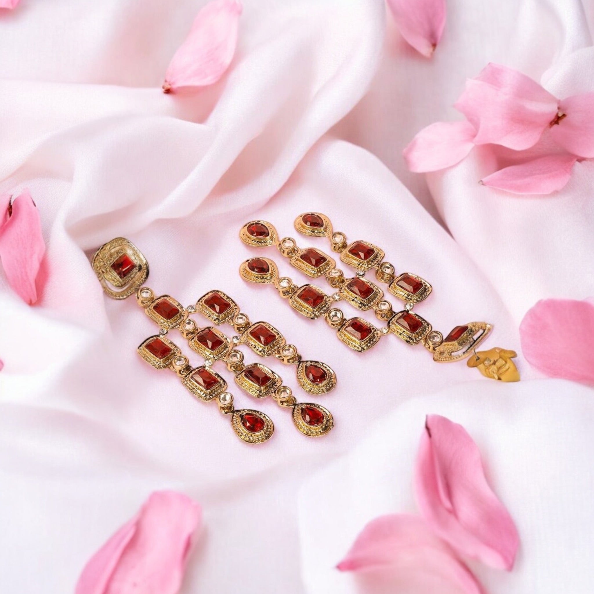 Lavish Giftz Gold Plated Ruby Red Zirconia Studded Dangle Earrings