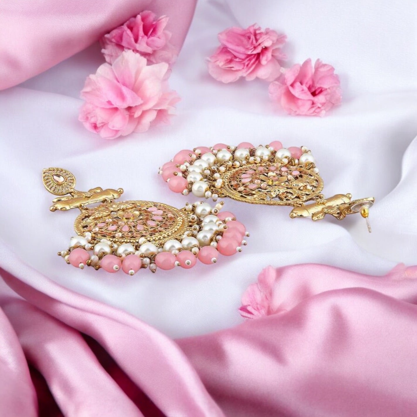 Lavish Giftz Gold Plated Pink Beads Chandbali Earrings