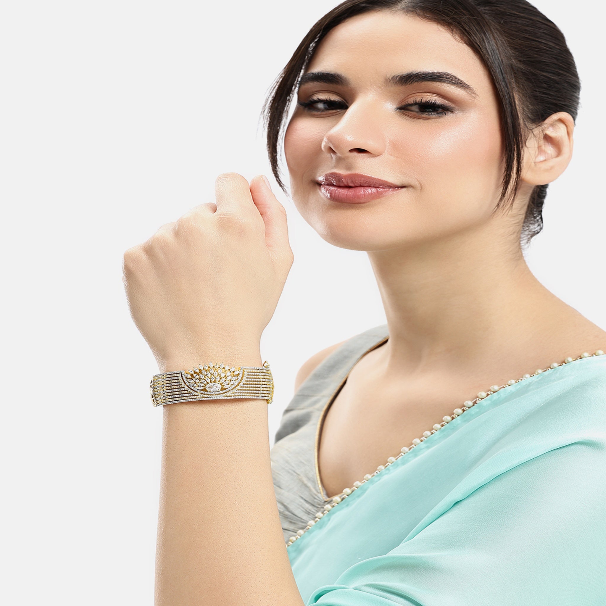 Women Cubic Zirconia Gold-Plated Kada Bracelet-White