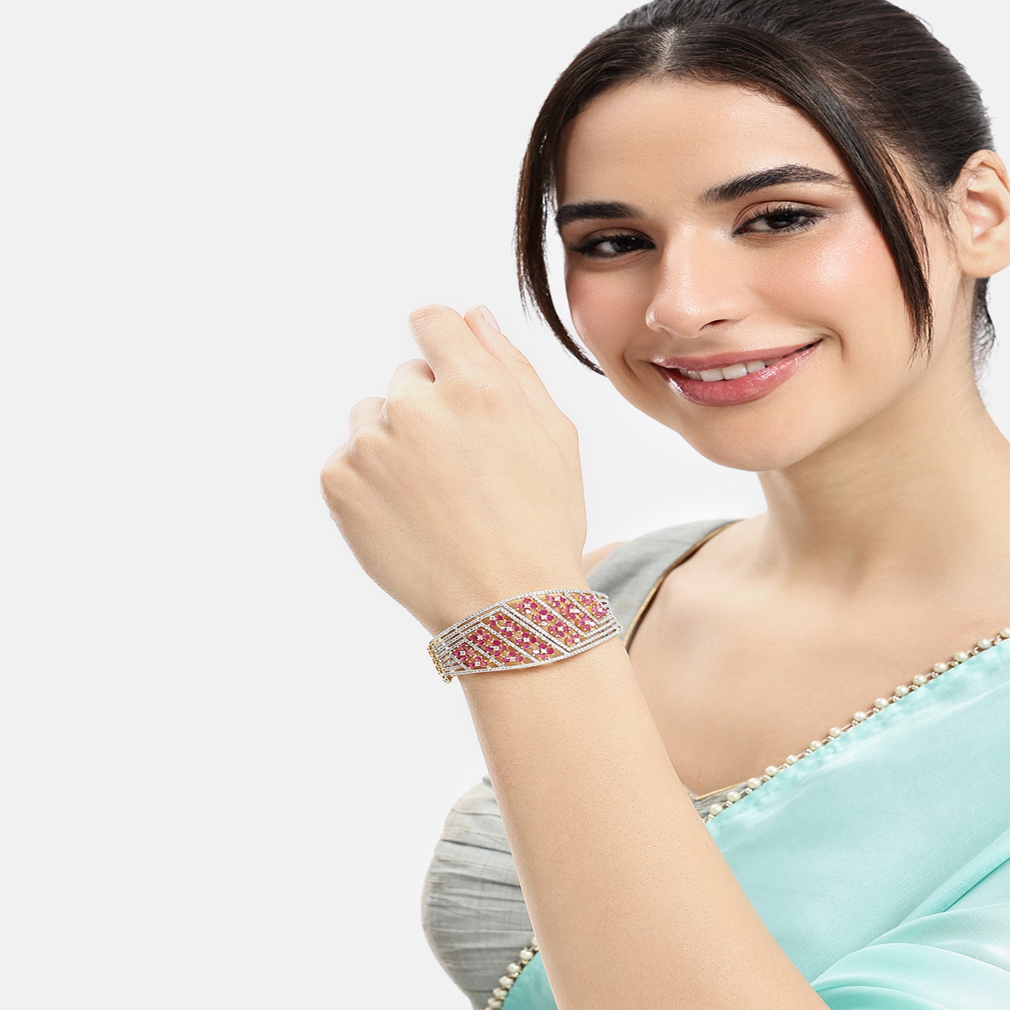 Cubic Zirconia Gold-Plated Kada Bracelet-Ruby