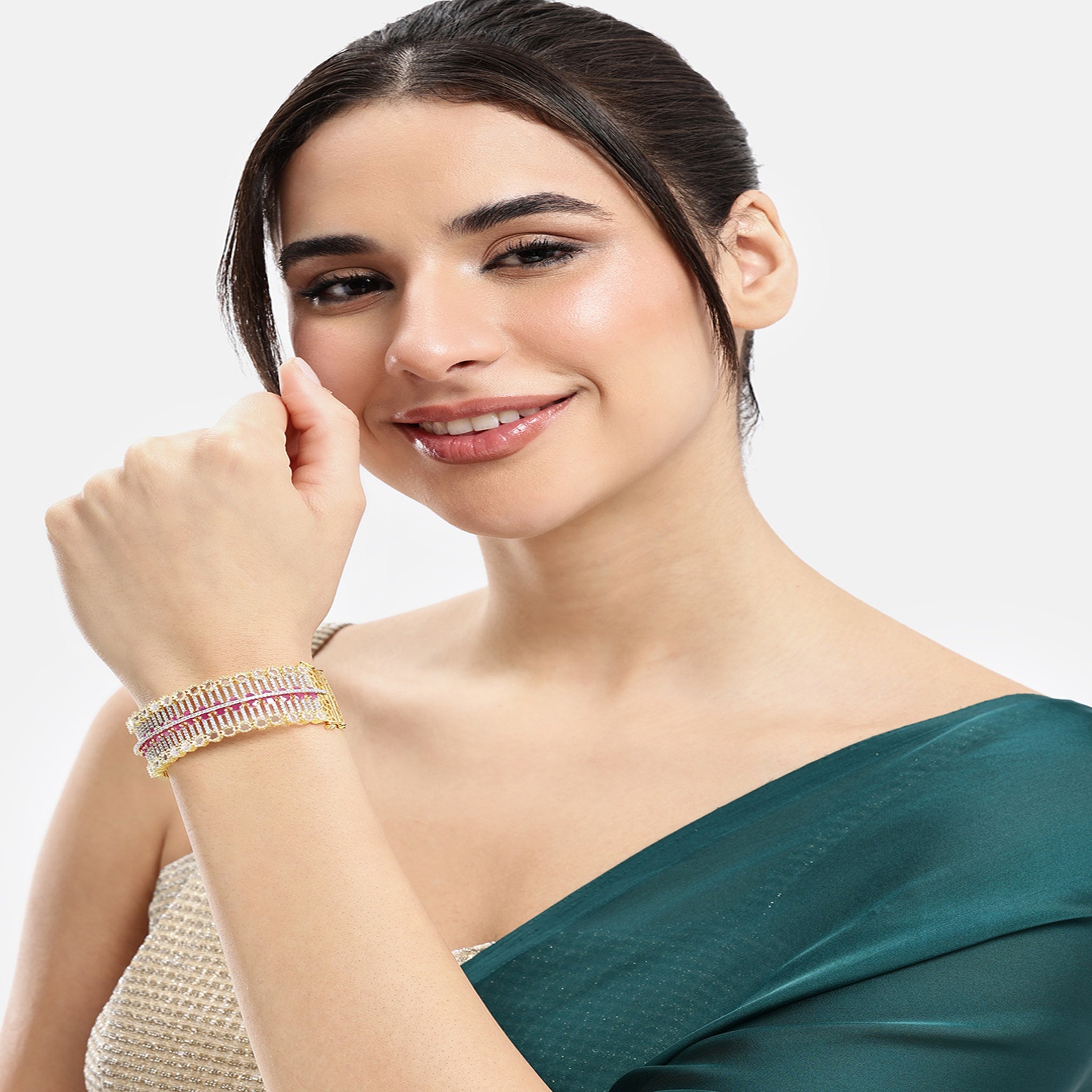 Women Cubic Zirconia Gold-Plated Kada Bracelet Ruby-Ruby