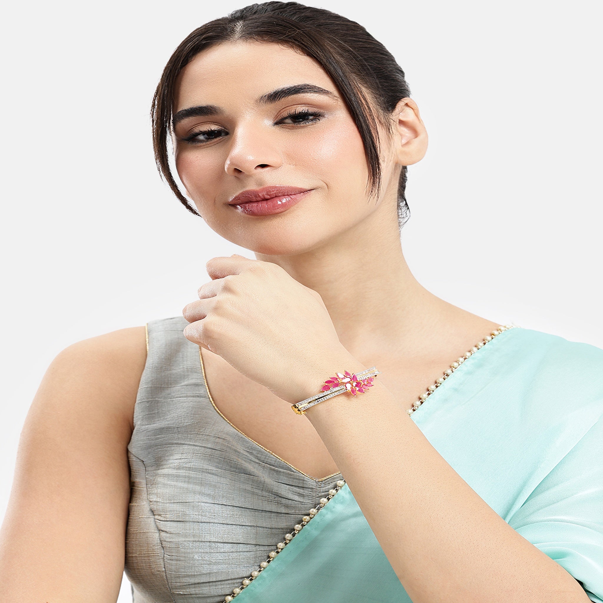 Women Cubic Zirconia Gold-Plated Kada Bracelet-Ruby