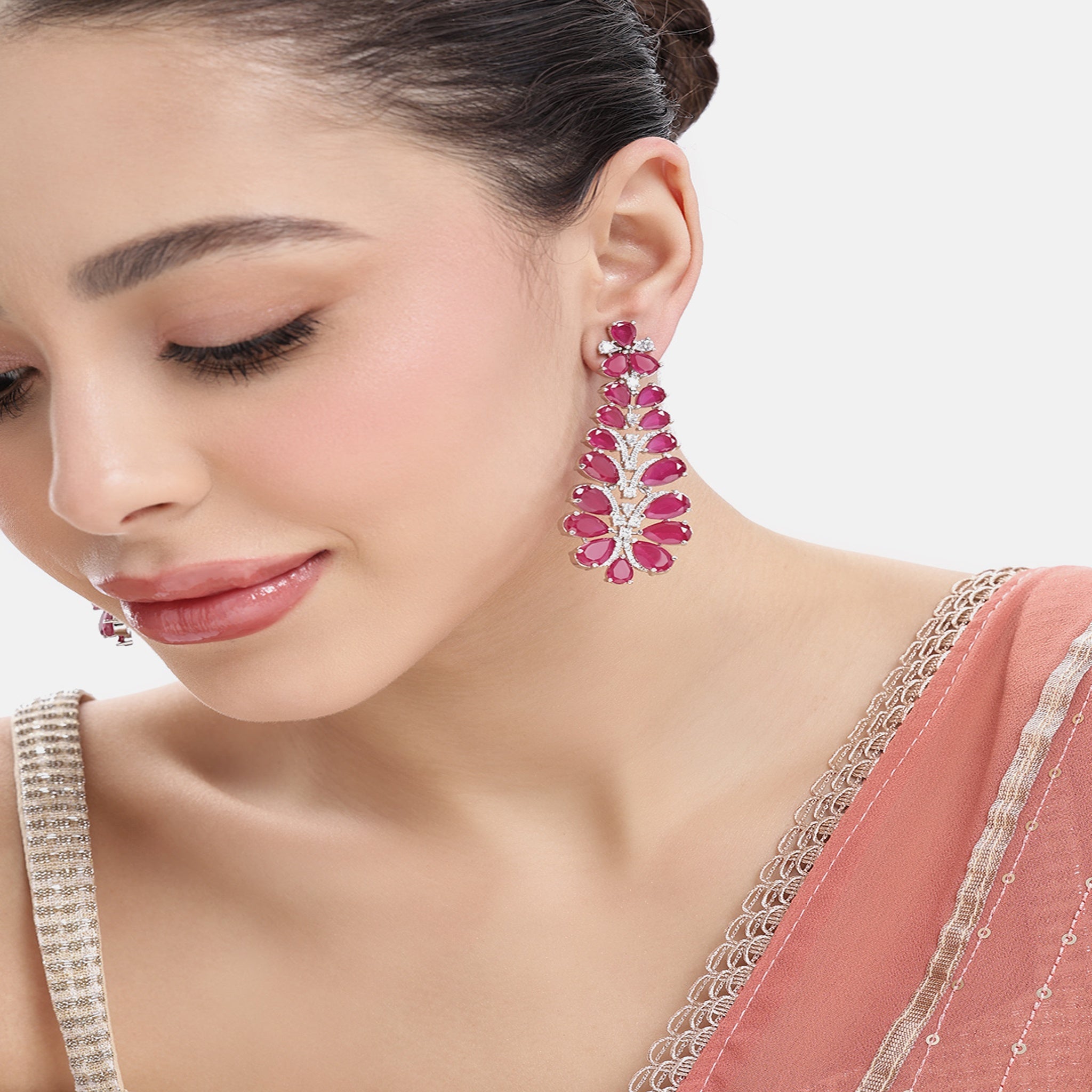 Silver-Toned American Diamonds Ruby Chandeliar Earrings