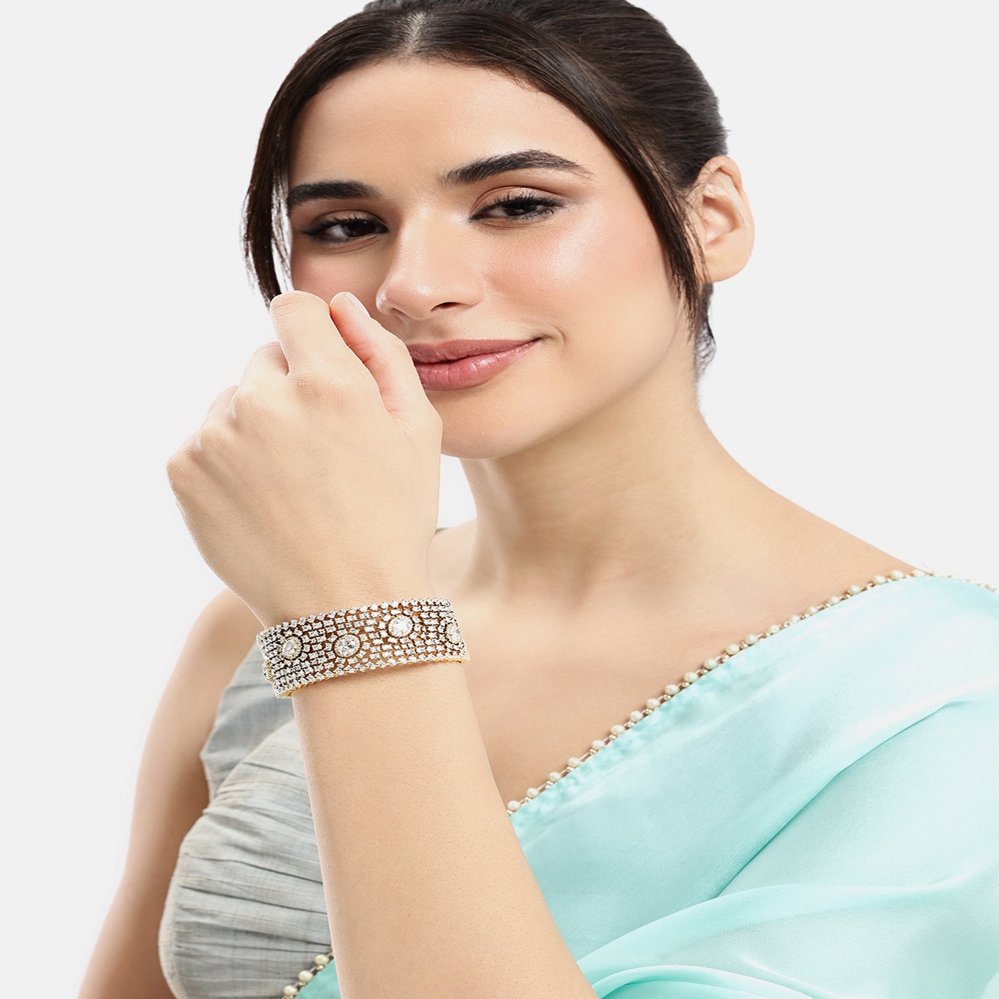 Women Cubic Zirconia Gold-Plated Kada Bracelet-White