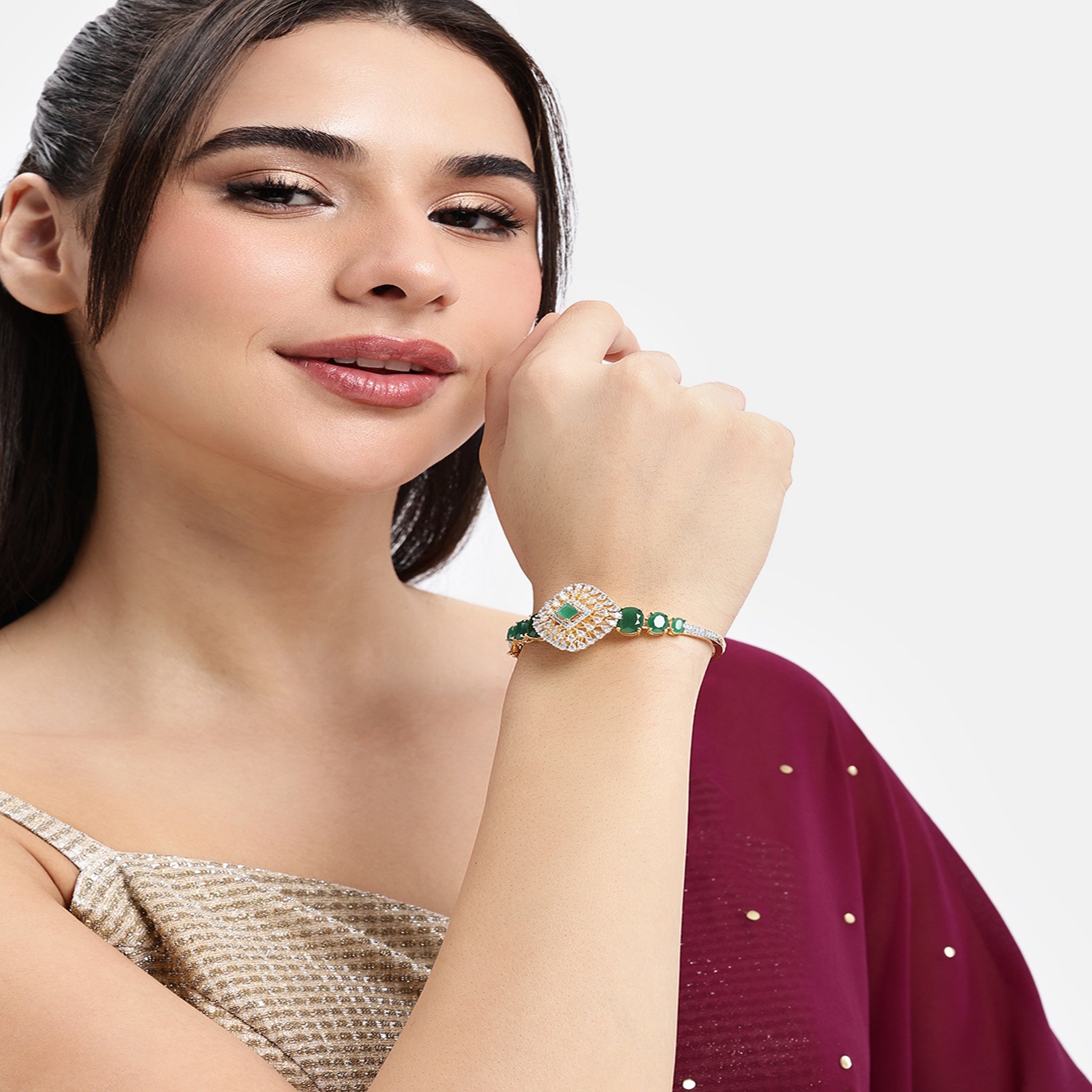 Women Cubic Zirconia Gold-Plated Kada Bracelet-Green