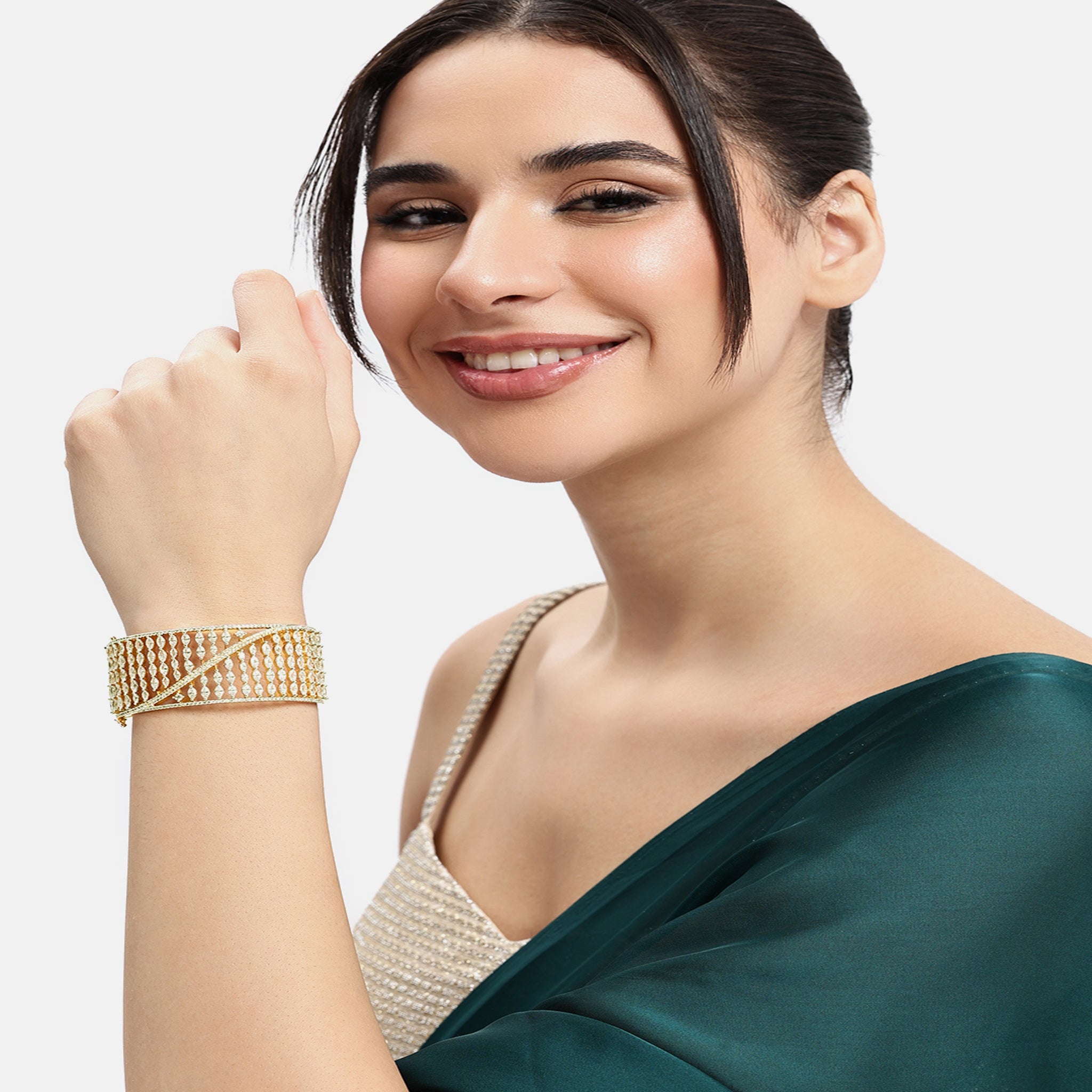 Women Cubic Zirconia Gold-Plated Kada Bracelet-2Tone