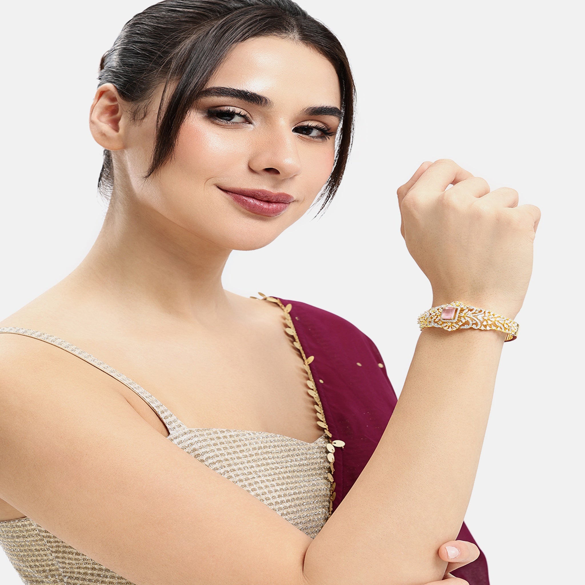 Women Gold-Plated Cubic Zirconia Studded Kada Bracelet-Pink