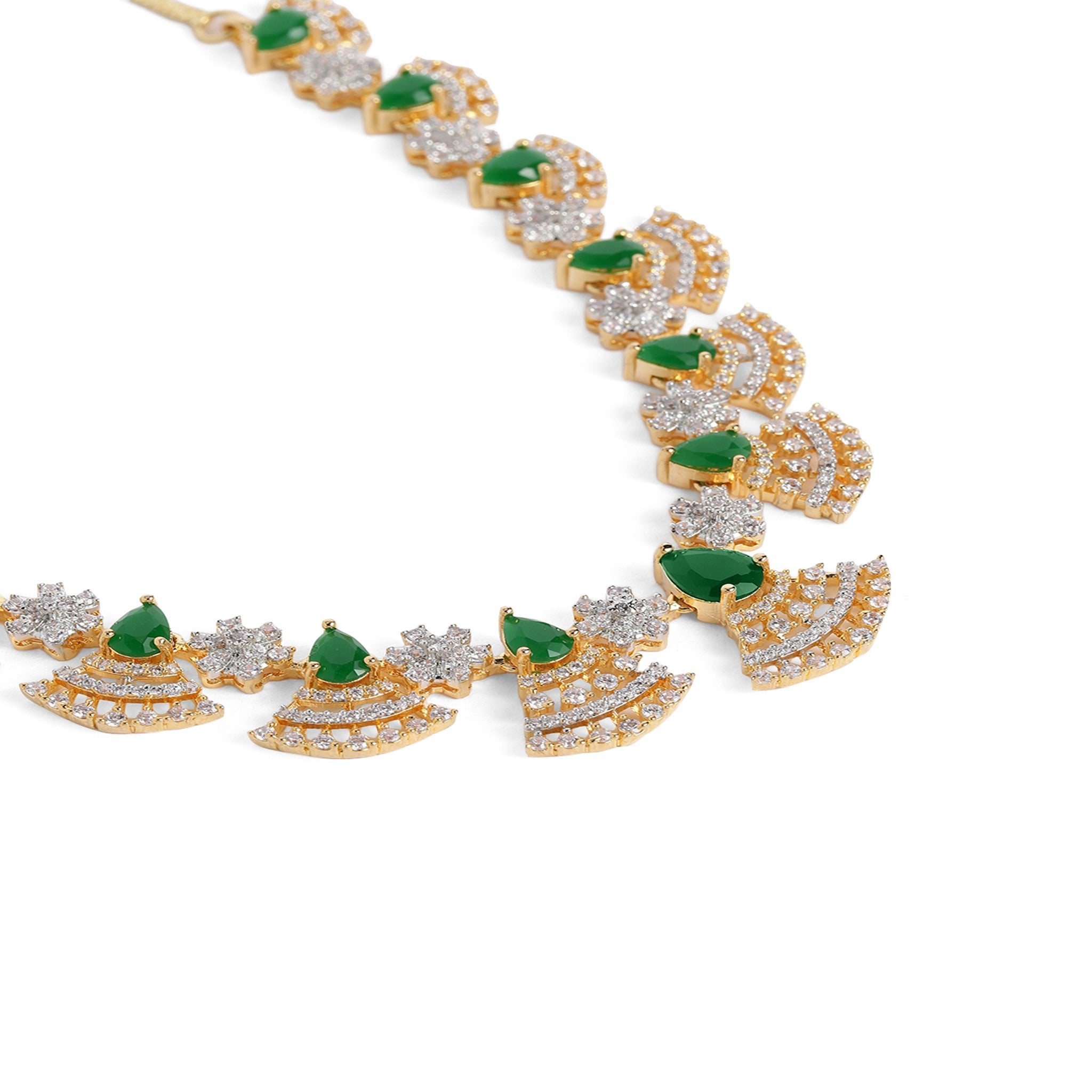 Gold Plated White & Green AD-Studded Jewellery Set