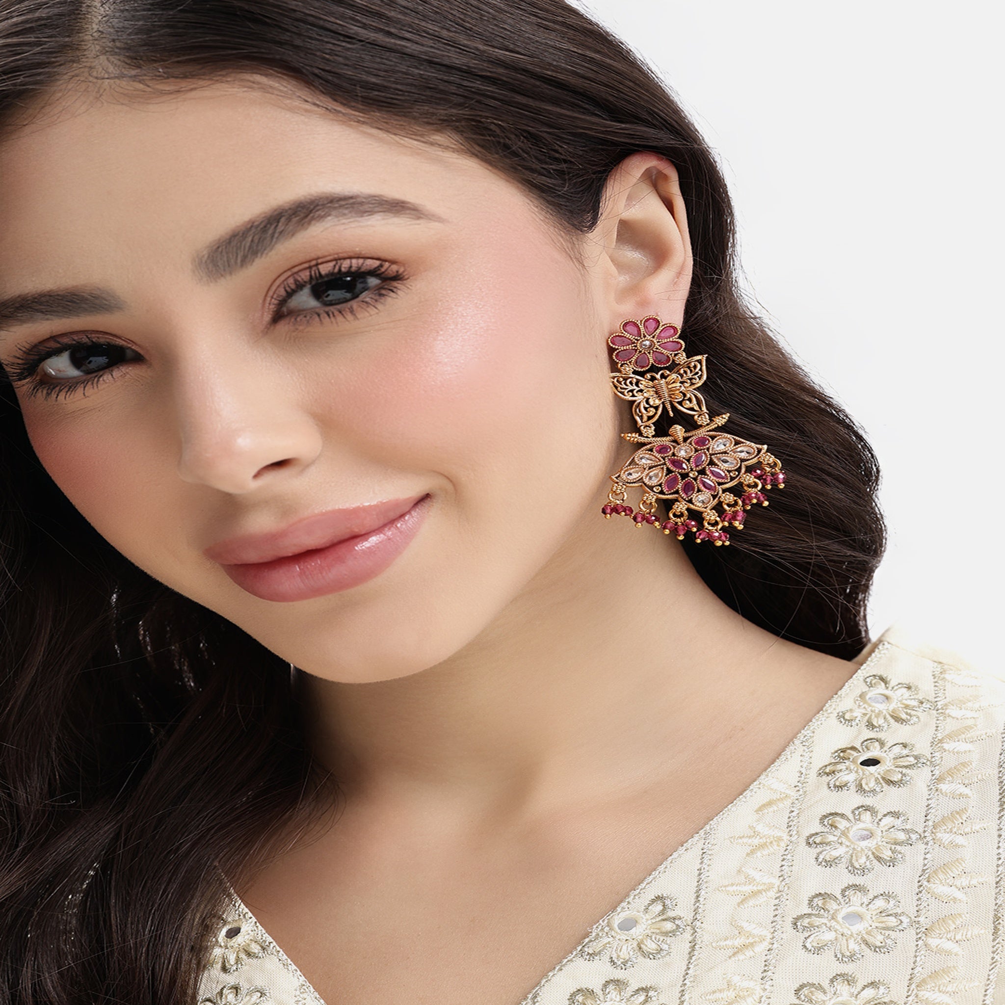 Gold-Plated Ruby Classic Long Earrings