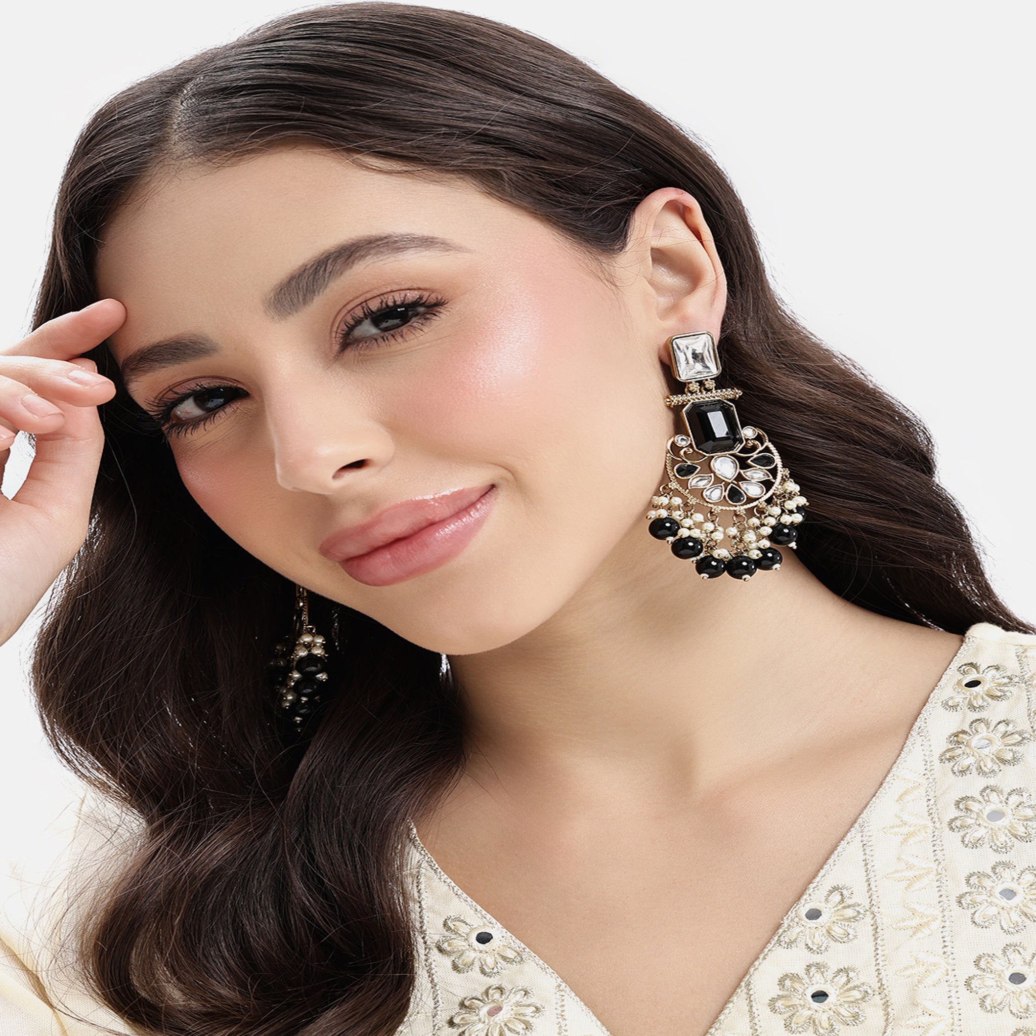 Gold Plated Black Chandbali Earrings