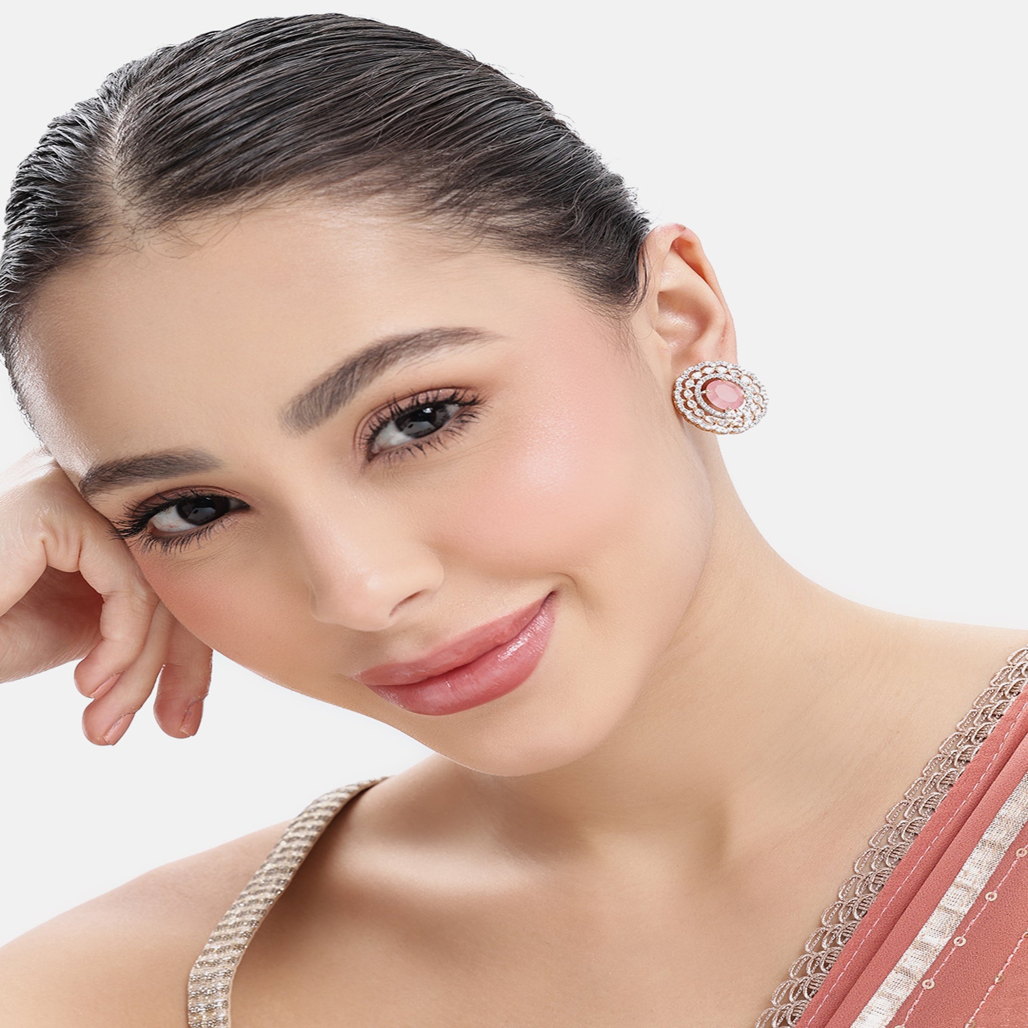 Gold Plated Pink American Diamond Stud Earrings