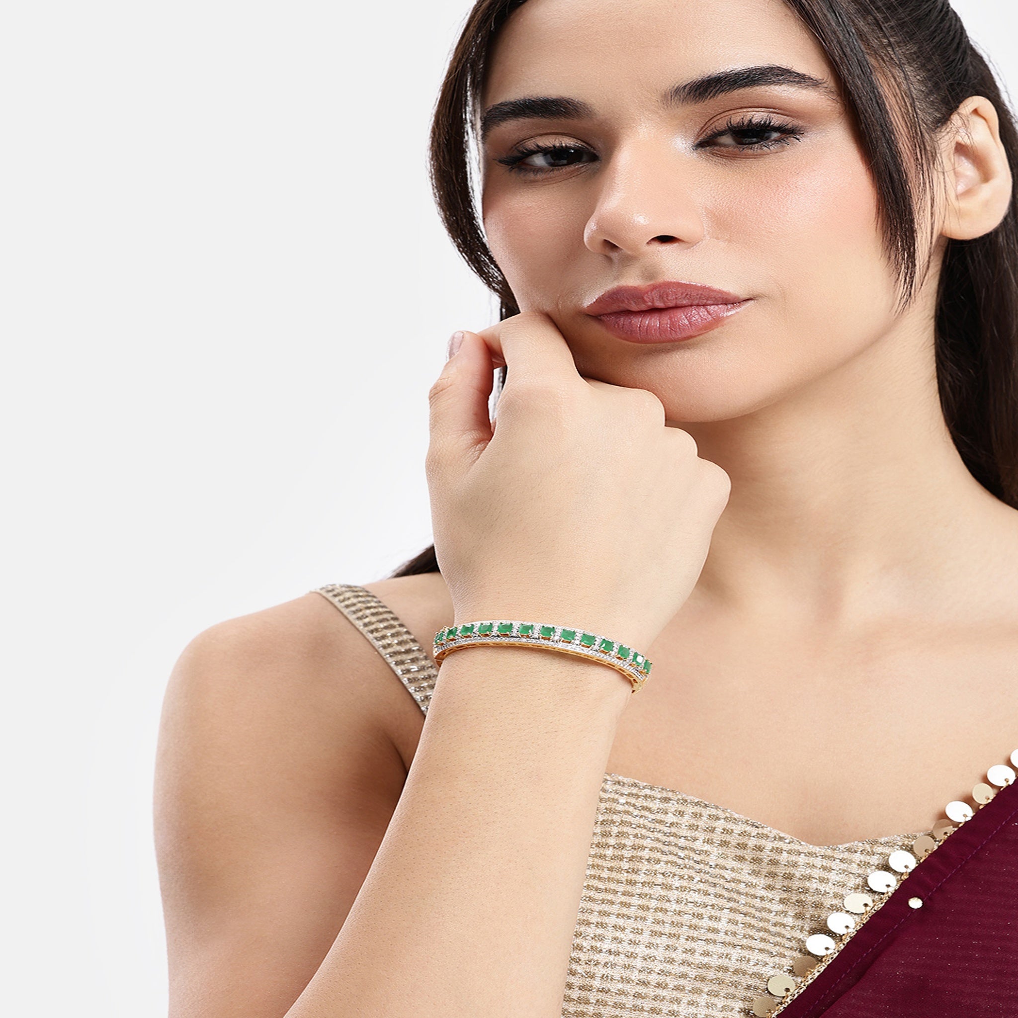 Women Cubic Zirconia Gold-Plated Kada Bracelet Green-Green