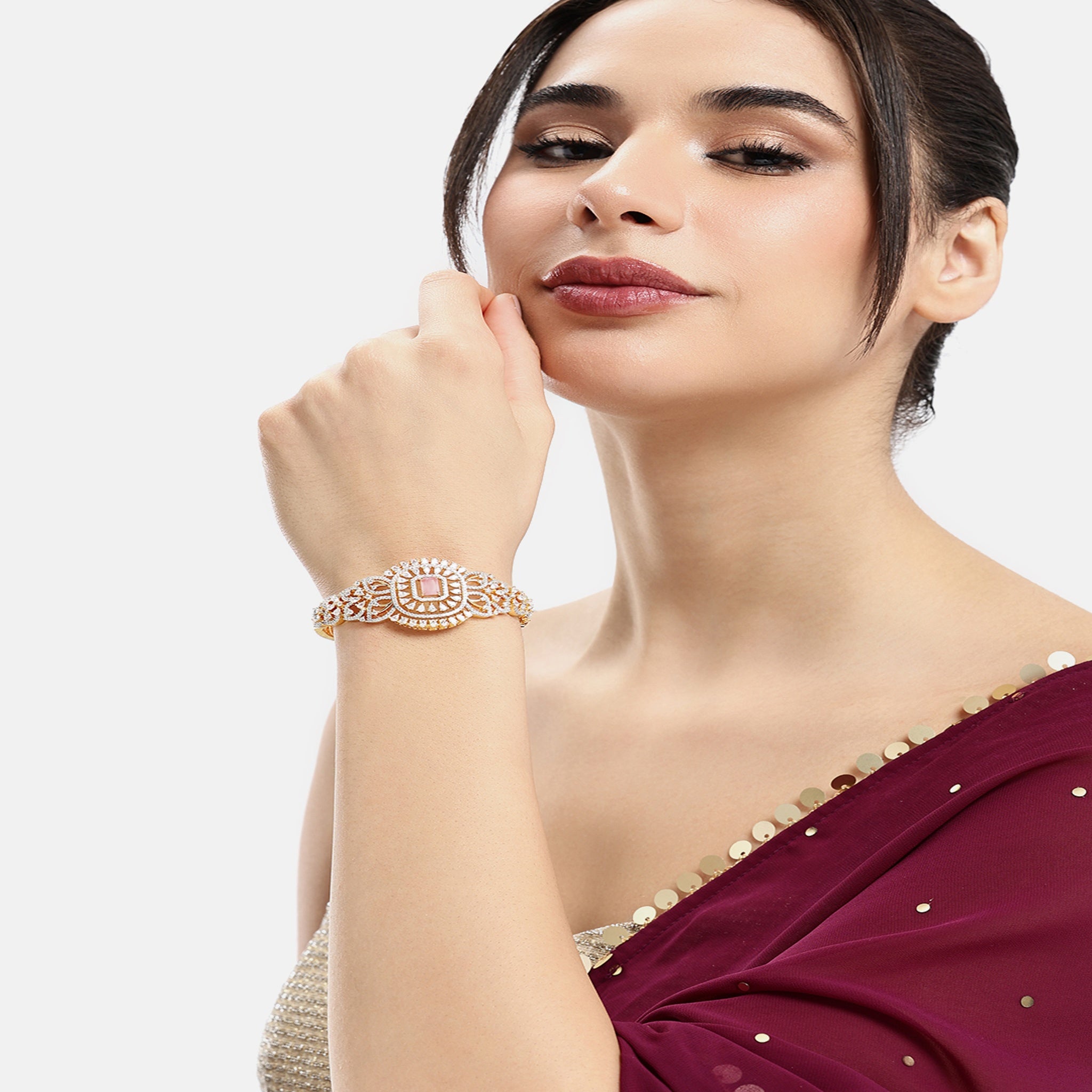 Women Gold-Plated Cubic Zirconia Studded Kada Bracelet-Pink