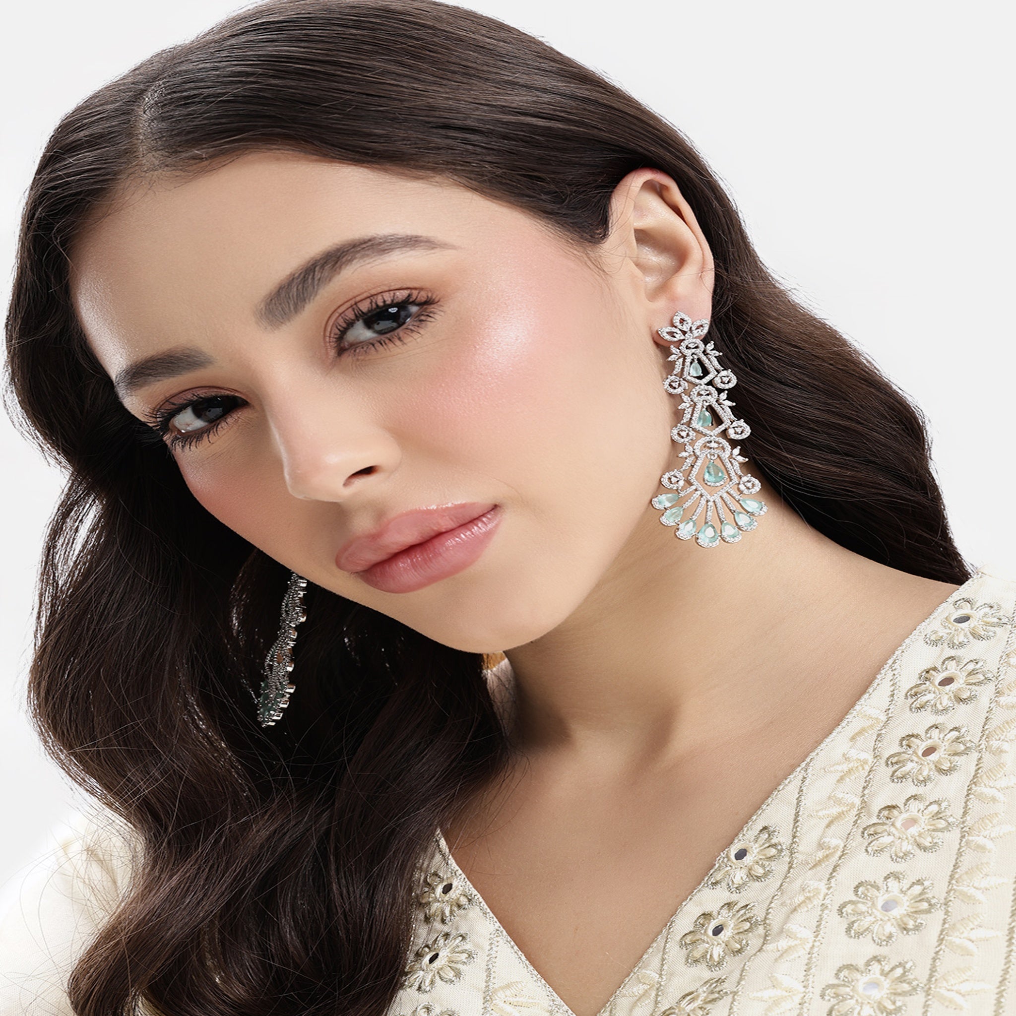 Silver-Toned Mint Statement Dangler Long Earrings