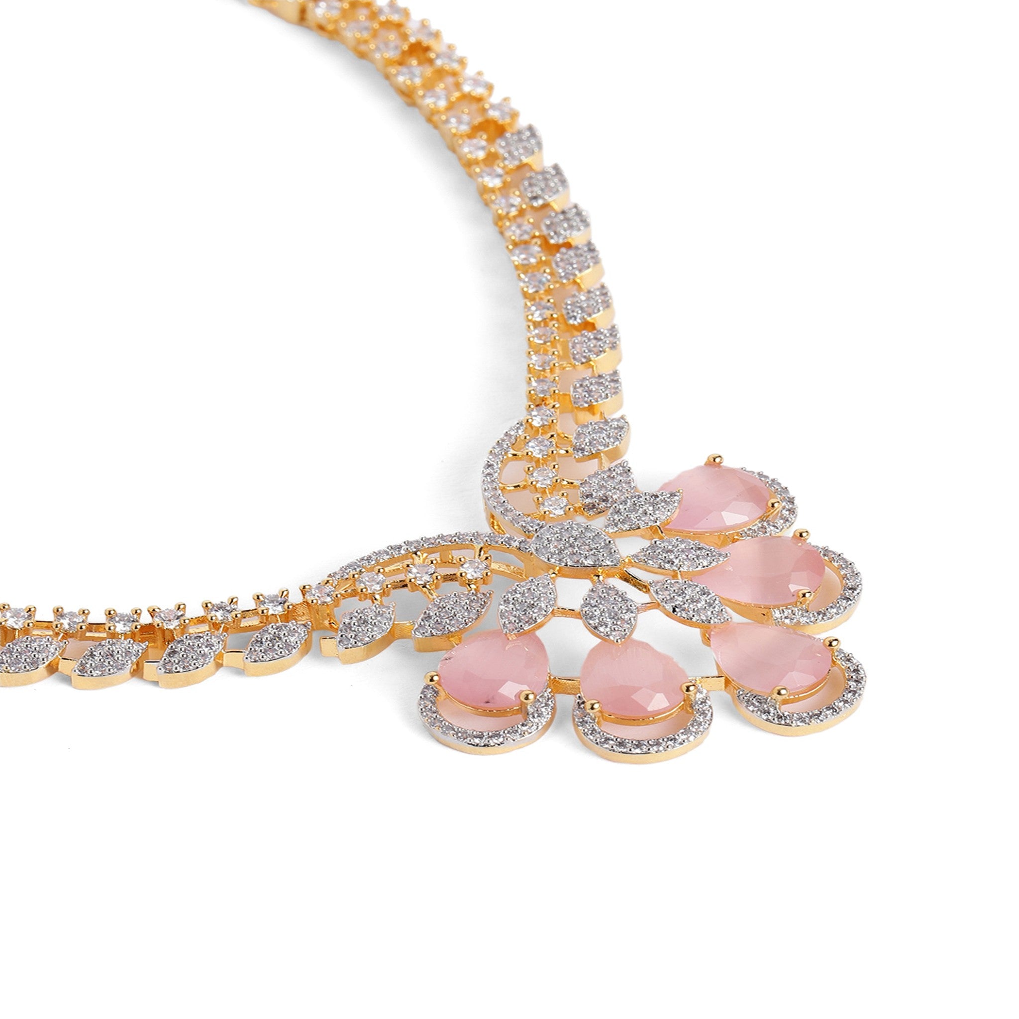 Gold Plated White & Pink AD-Studded Jewellery Set