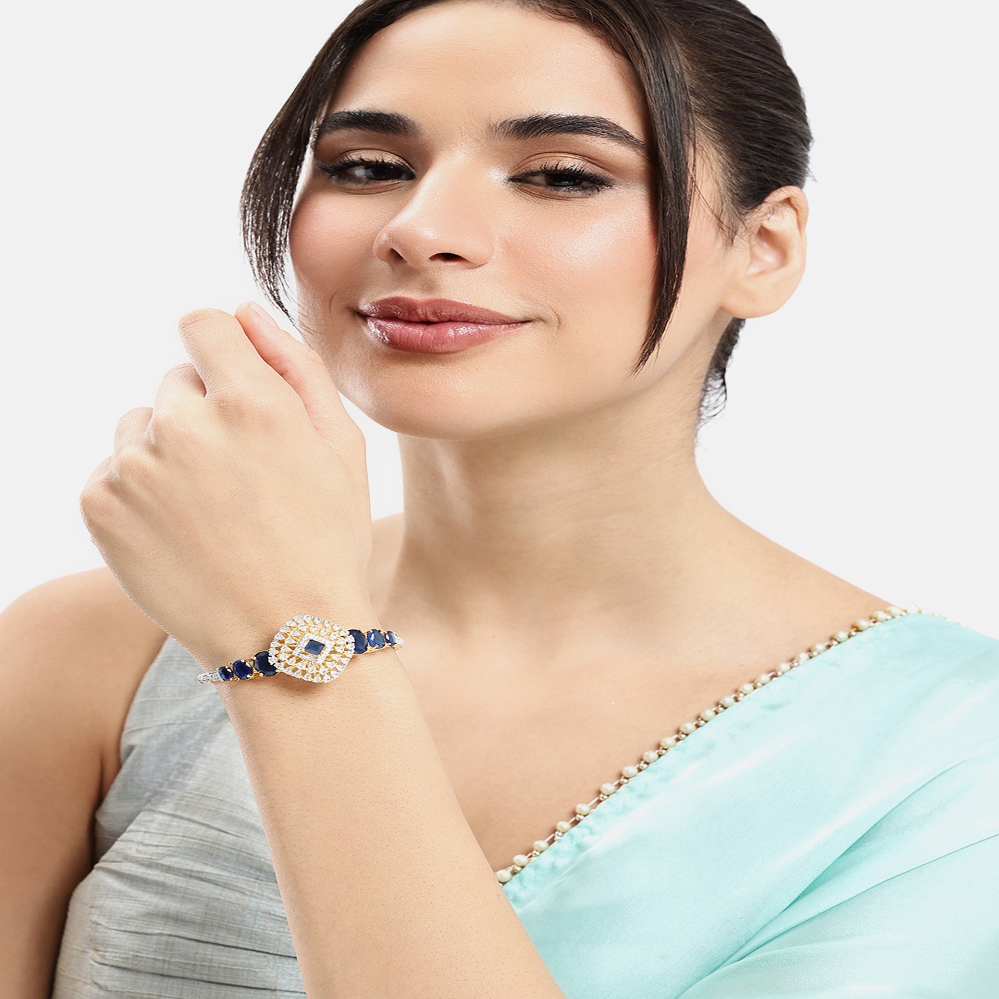 Women Cubic Zirconia Gold-Plated Kada Bracelet-Blue