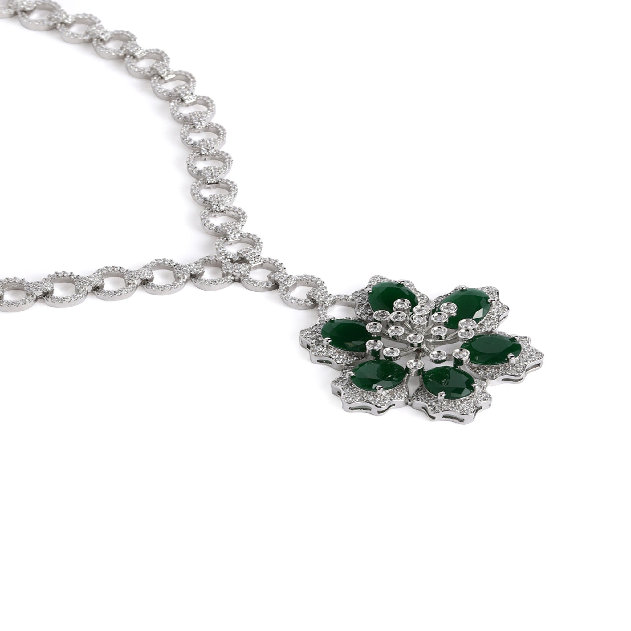 Rhodium-Plated Silver-Toned & White & Green AD-Studded Jewellery Set